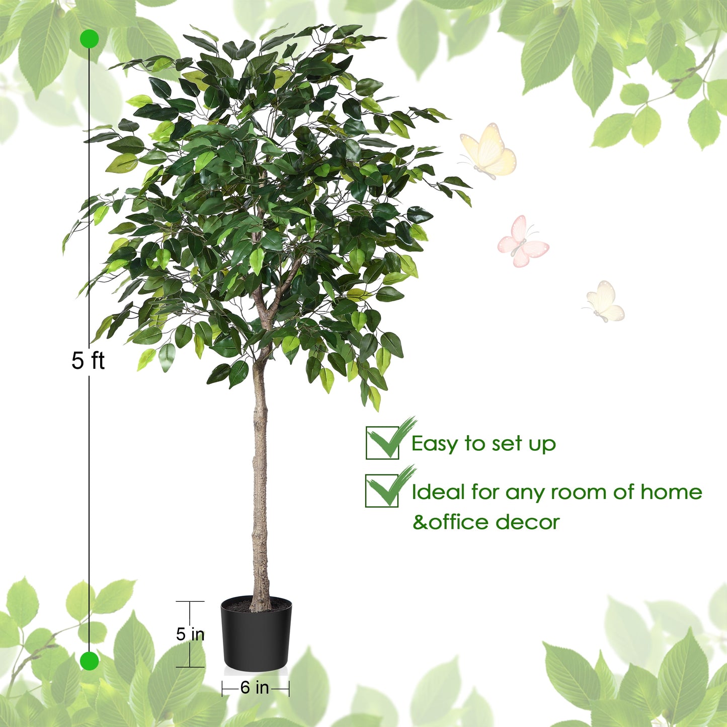 2 Pack Artificial Ficus Silk Tree, 5 FT Faux Plastic Ficus Plants in Pot with Durable Plastic Trunk, Fake Plant for Home Decor Office House Living Room Indoor Outdoor