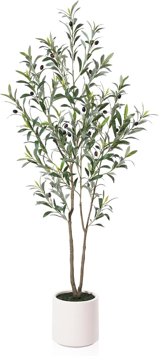 LOMANTO Artificial Olive Trees, 5 ft Tall Fake Olive Trees for Indoor, Faux Olive Silk Tree, Large Olive Plants with White Planter for Home Decor and Housewarming Gift, 1 Pack