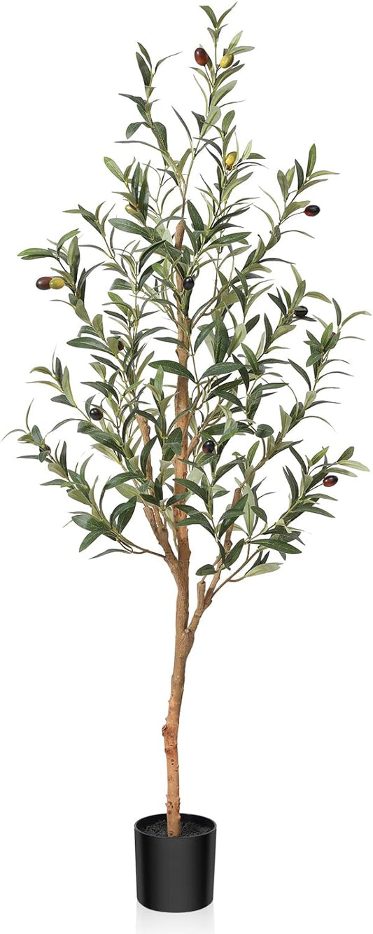 Artificial Olive Tree, 4FT Tall Fake Silk Plants with Natural Wood Trunk Faux Potted Tree for Home Decor Indoor Office Porch, Set of 1