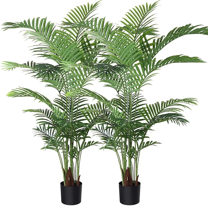 Fopamtri Artificial Areca Palm Plant 5 Feet Fake Palm Tree with 17 Trunks Faux Tree for Indoor Outdoor Modern Decoration Dypsis Lutescens Plants in Pot for Home Office (Set of 2)