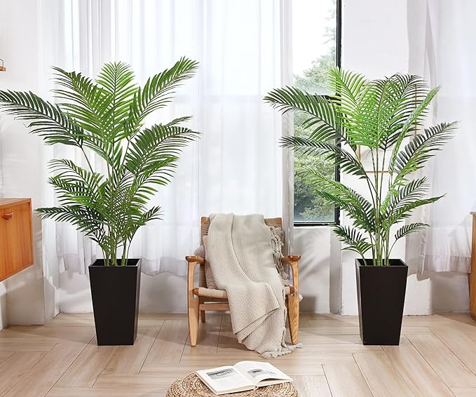 Fopamtri Artificial Areca Palm Plant 5 Feet Fake Palm Tree with 17 Trunks Faux Tree for Indoor Outdoor Modern Decoration Dypsis Lutescens Plants in Pot for Home Office (Set of 2)