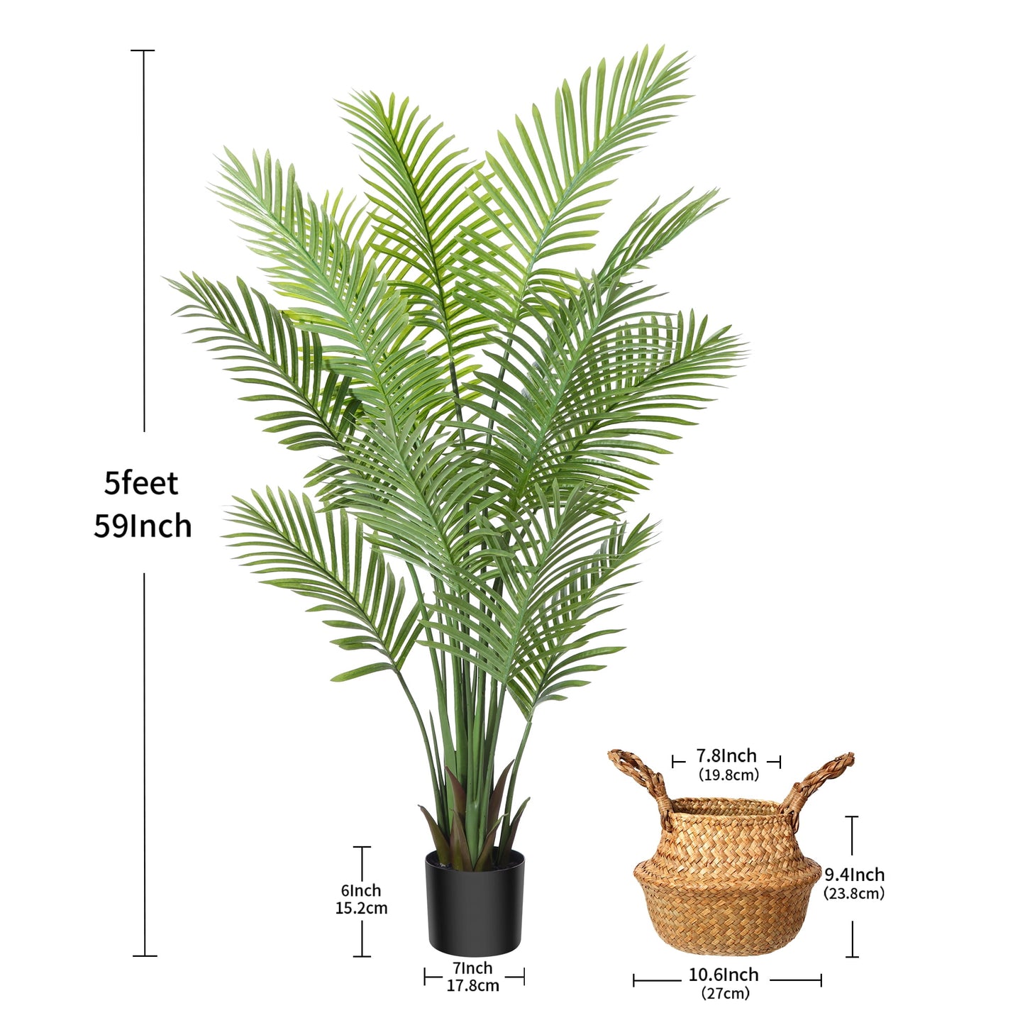 5 Feet Artificial Plants in Basket Faux Green Areca Palm Plant with Woven Seagrass Belly Basket, Fake Tree for Home Decor Office House Living Room Indoor Outdoor