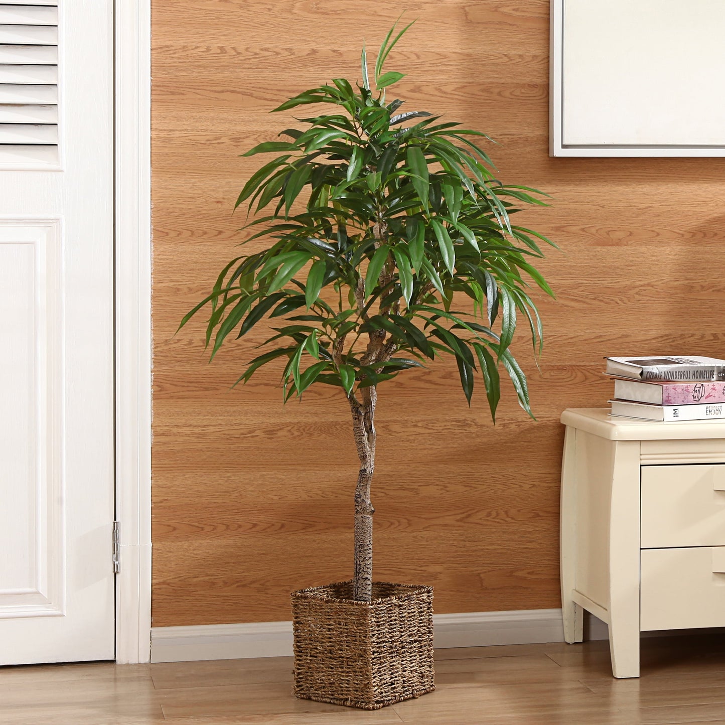 4 FT Artificial Ficus Tree in Basket, Fake Ficus Silk Plants, Pre Potted Faux Ficus Tree for Home Decor Living Room Office