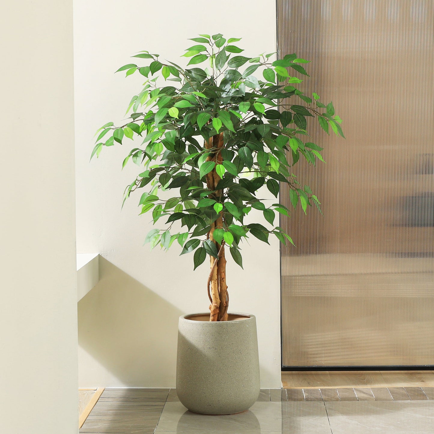 4ft Artificial Ficus Tree with Natural Wood Trunk, Silk Fake Ficus Tree in Plastic Nursery Pot, Faux Plant for Office Home, Indoor Outdoor Decor, 1 Pack