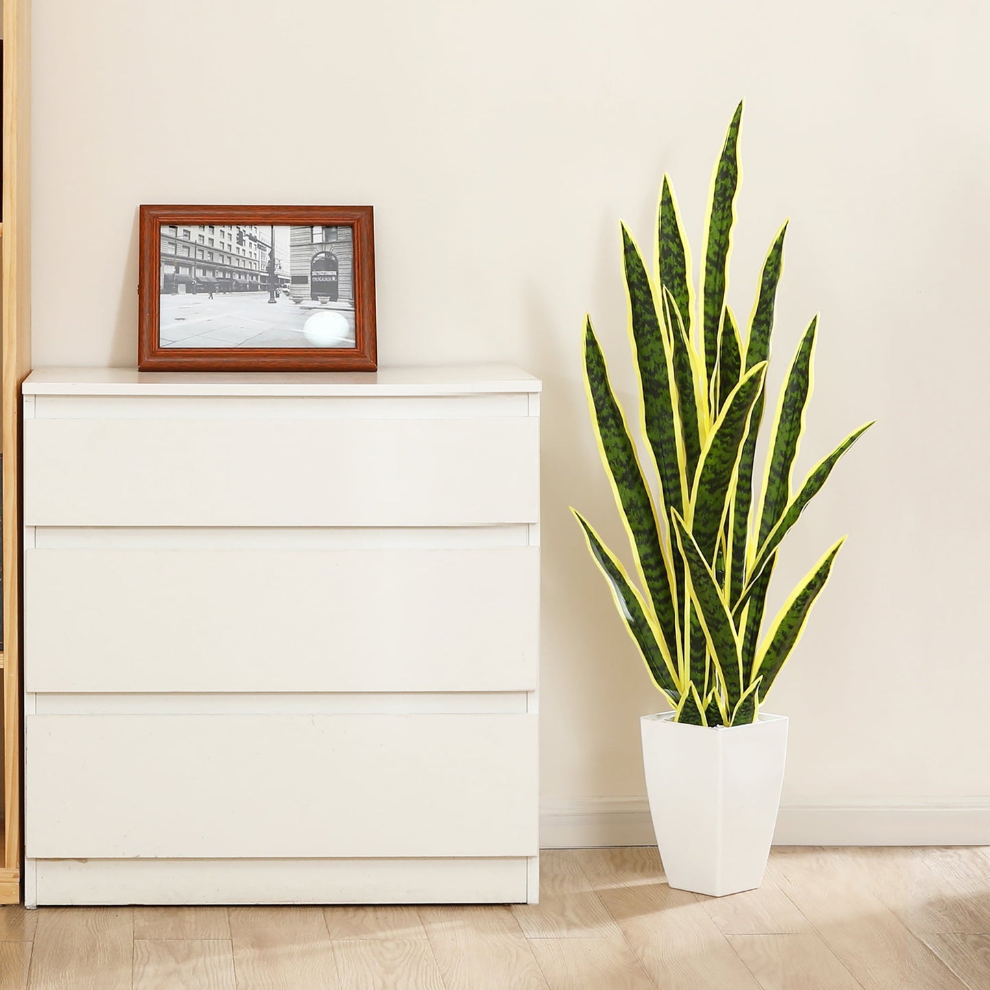 Yellow 43'' Tall Large Artificial Snake Plant with 9'' White Taper Planter,Plastic Floor Plants Tall Faux Sansevieria Plant with 20 Leaves for Home Bedroom Living Room Bathroom Indoor Outdoor Decor