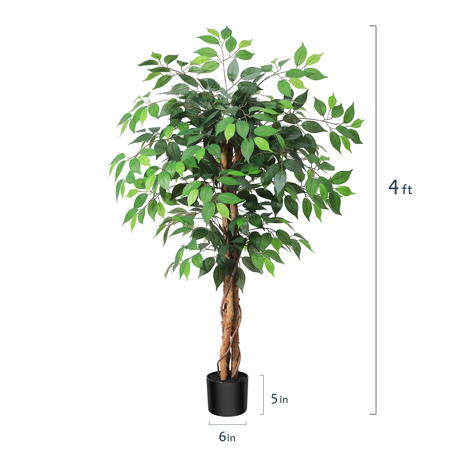 4ft Artificial Ficus Tree with Natural Wood Trunk, Silk Fake Ficus Tree in Plastic Nursery Pot, Faux Plant for Office Home, Indoor Outdoor Decor, 1 Pack