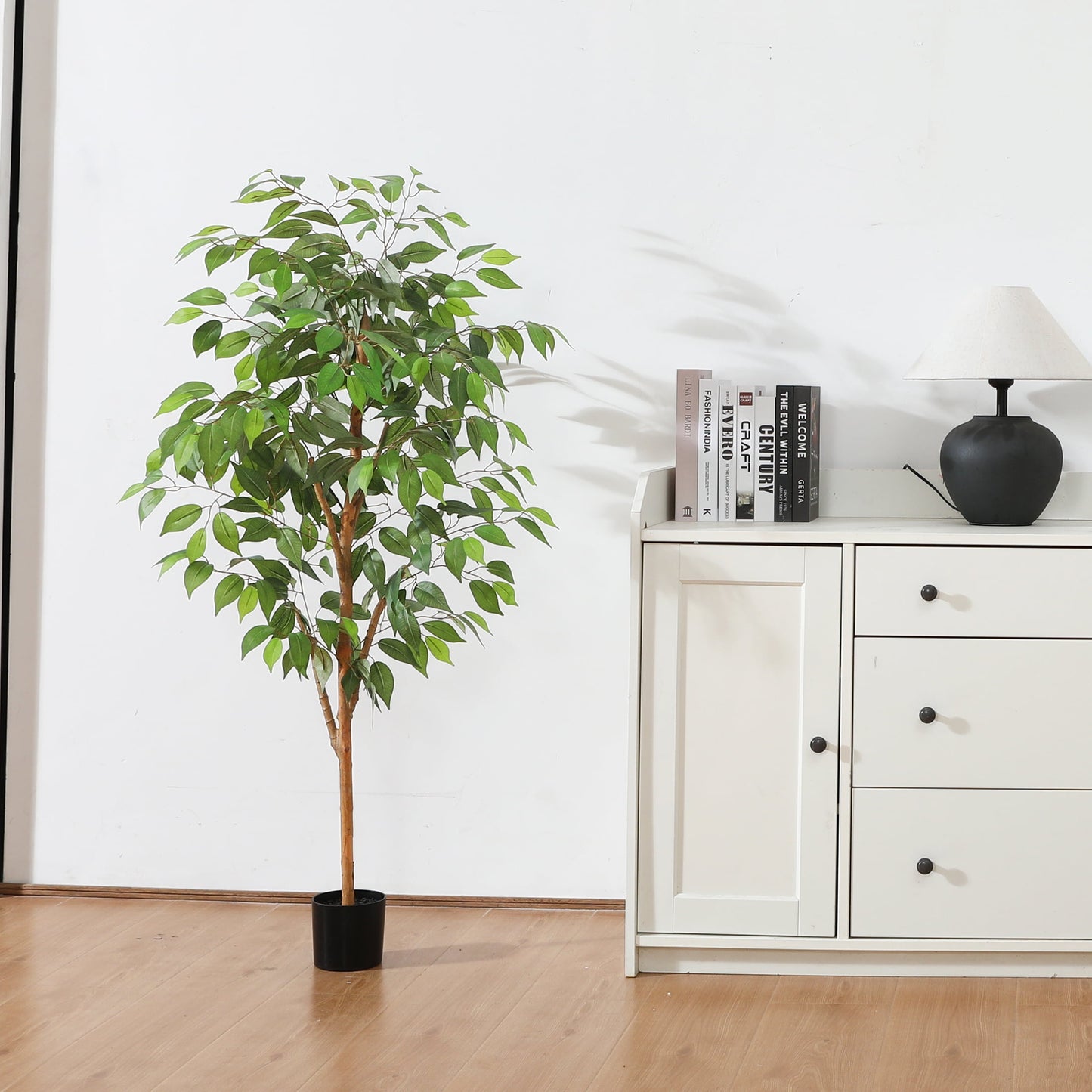 4FT Tall Artificial Ficus Tree with Natural Wood Trunk and Lifelike Leaves, Silk Fake Potted Tree with Wood Branches, Faux Tree for Office Home Decor