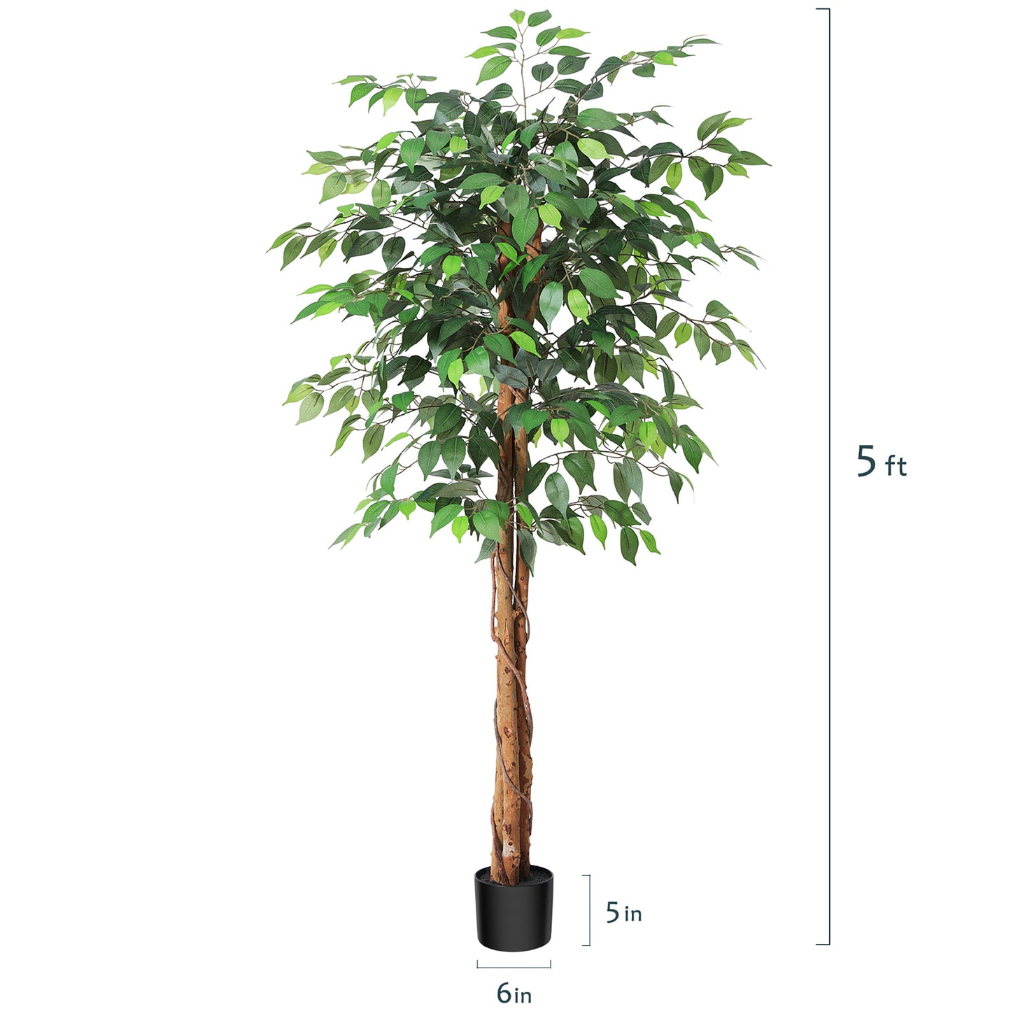 5ft Artificial Ficus Tree with Natural Wood Trunk, Silk Fake Ficus Tree in Plastic Nursery Pot, Faux Plant for Office Home, Indoor Outdoor Decor, 1 Pack