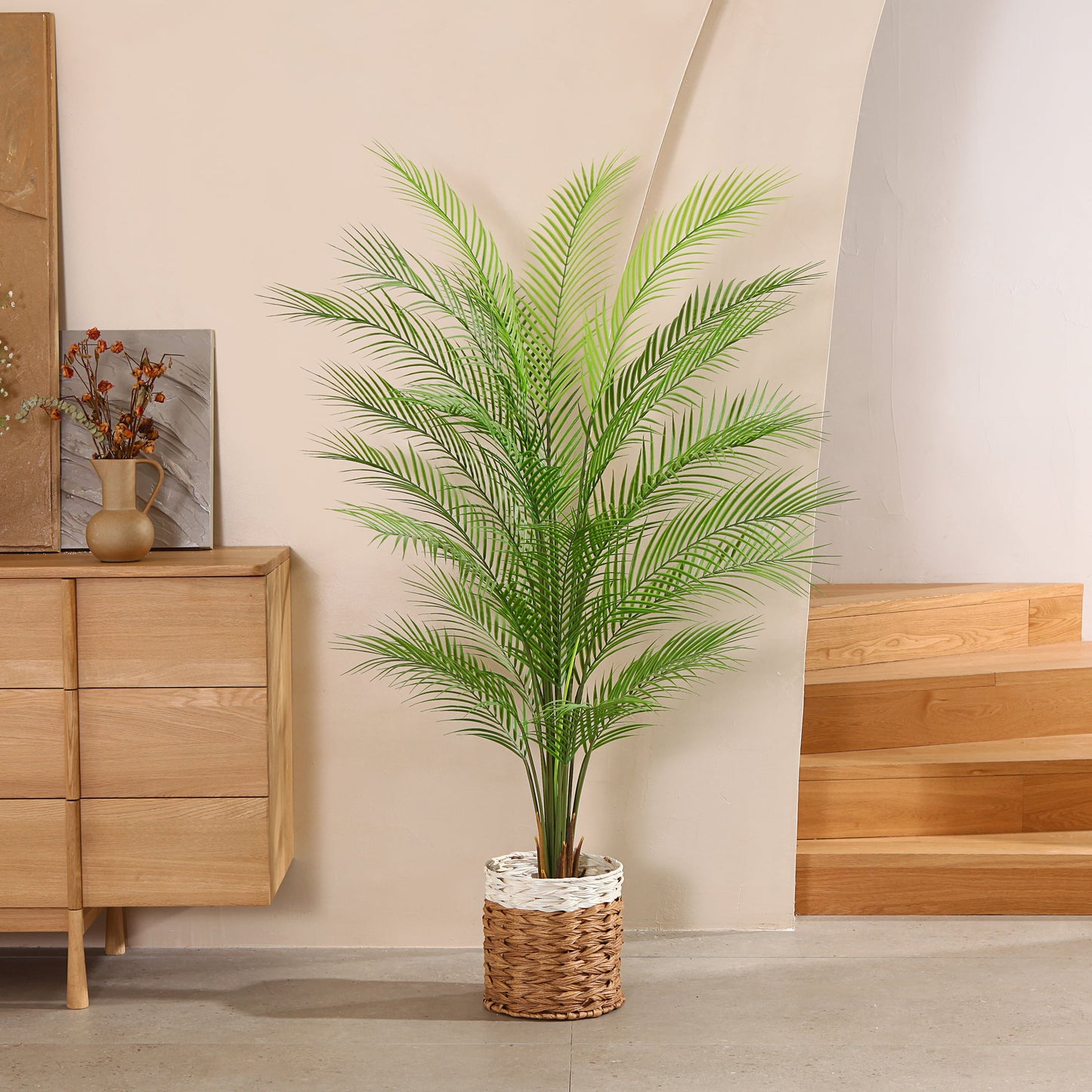 5 ft Artificial Palm Plants in Basket Fake Plants Artificial Paradise Palm Plant Faux Trees for Home Decor Indoor Outdoor Ornaments with Seagrass Basket, Set of 1