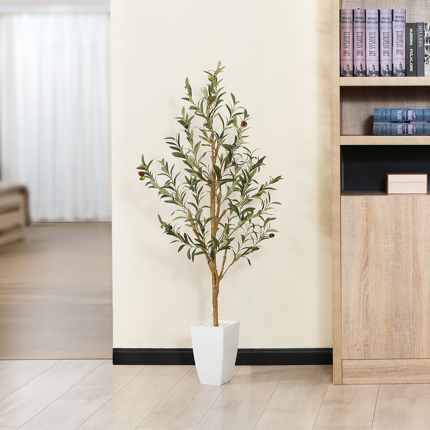 4FT Artificial Olive Tree with 9 inches White Taper Planter,Faux Tropical Silk and Lifelike Fruits Fake Greenery Potted Plant for Home Office Decor Indoor Outdoor