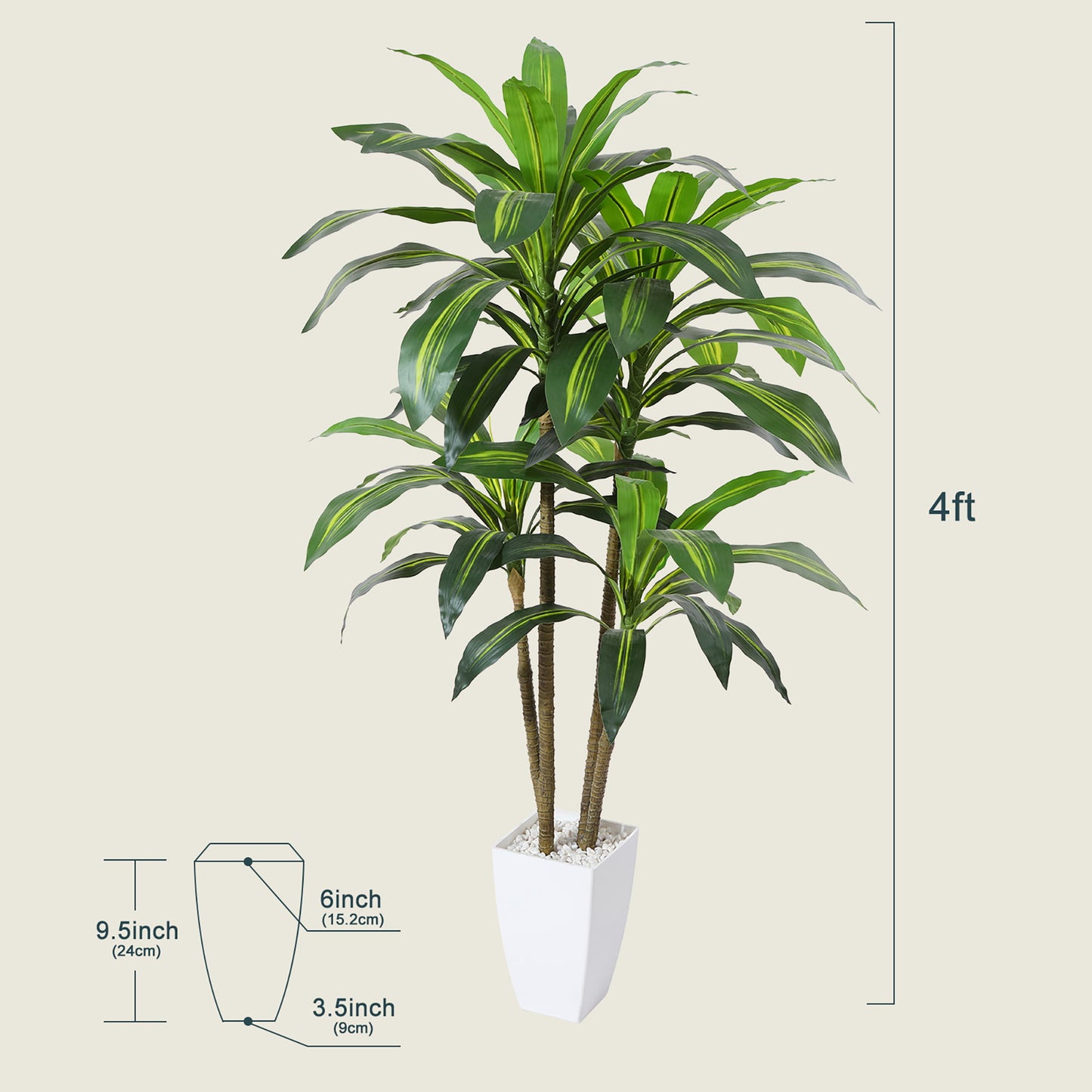 4FT Artificial Dracaena Tree with White Taper Planter Fake Tree Faux Artificial Plants for Indoor Outdoor Wall Office Home Living Room Floor Decor