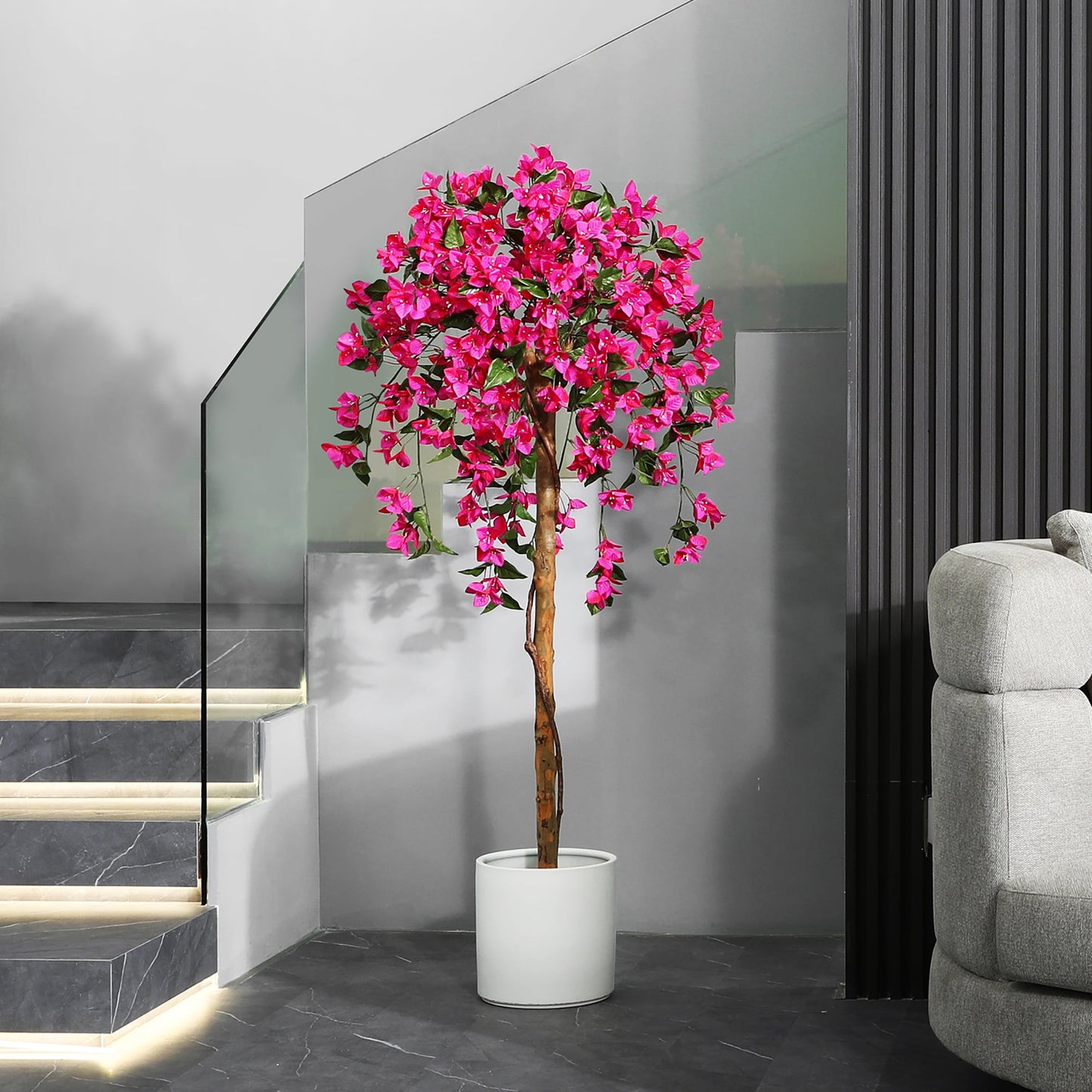 5FT Artificial Tree Tall Potted Fake Bougainvillea Trees for Outdoor Indoor Office Wedding Home Decor Lifelike Faux Plants with Wood Trunk and Pink Flowers