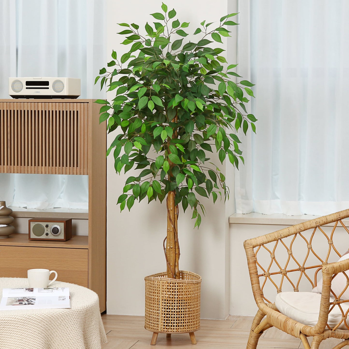 5 ft Ficus Artificial Trees with Realistic Leaves and Natural Trunk, Silk Fake Ficus Tree with Plastic Nursery Pot, Faux Ficus Tree for Office Home Farmhouse