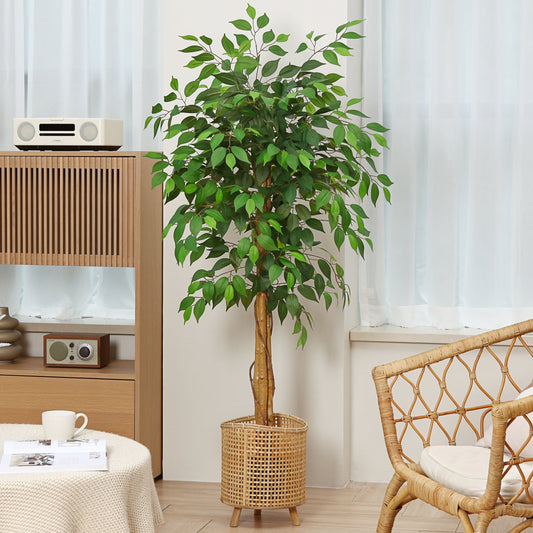 5 ft Ficus Artificial Trees with Realistic Leaves and Natural Trunk, Silk Fake Ficus Tree with Plastic Nursery Pot, Faux Ficus Tree for Office Home Farmhouse