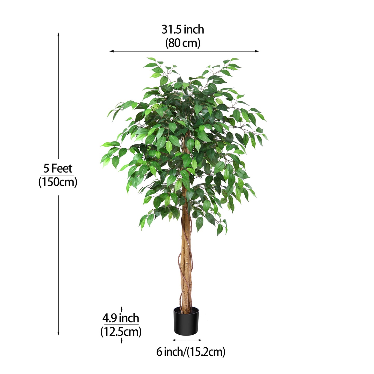 5 ft Ficus Artificial Trees with Realistic Leaves and Natural Trunk, Silk Fake Ficus Tree with Plastic Nursery Pot, Faux Ficus Tree for Office Home Farmhouse