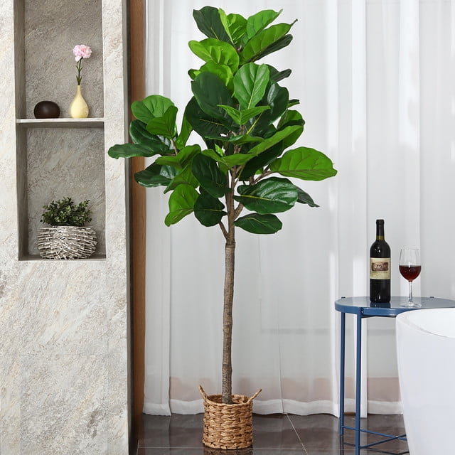 5FT Artificial Fiddle Leaf Fig Plants in Basket, Faux Plastic Tree with Durable Plastic Trunk for Home Decor Office House Living Room Indoor Outdoor, Fake House Plant, Tall Plants for Indoor