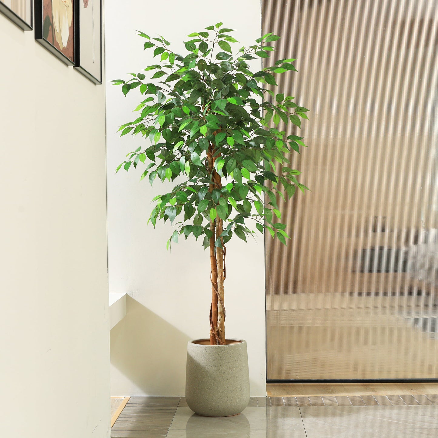 5ft Artificial Ficus Tree with Natural Wood Trunk, Silk Fake Ficus Tree in Plastic Nursery Pot, Faux Plant for Office Home, Indoor Outdoor Decor, 1 Pack