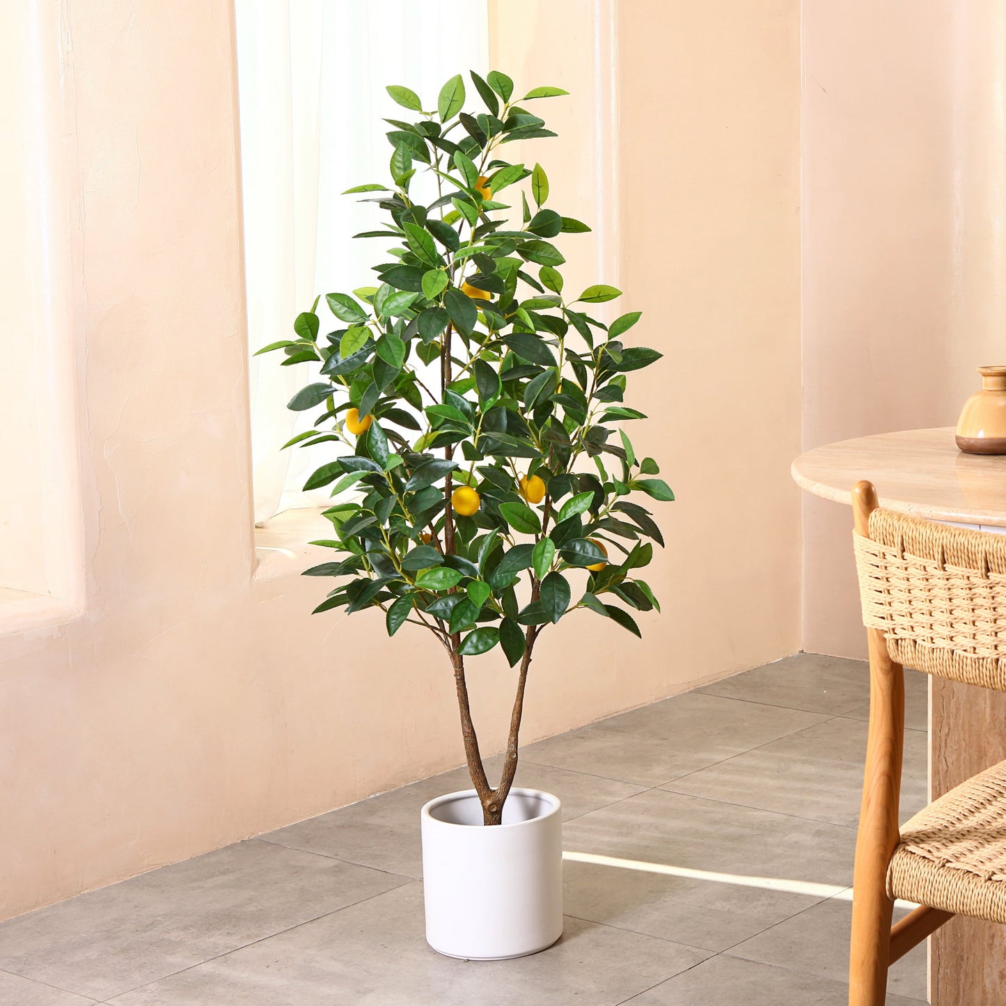 DR.Planzen Artificial Lemon Plants, 4FT Faux tree, Artificial Lemon Plants of 396 Leaves and 9 Plastic Lemon Fruits for Indoor, Fake tree for Office Home Living Room Floor Patio Greening Decor