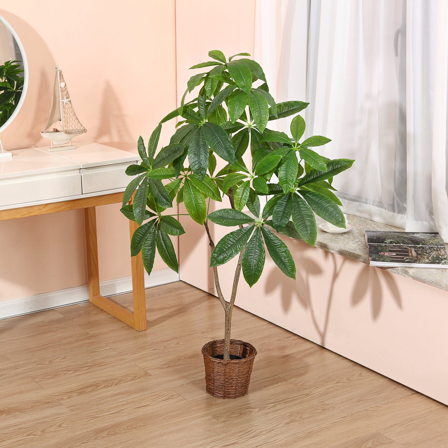 4 FT Artificial Plants Pachira Aquatica Money Tree, Fake Plastic Money Plant, Pre Potted Faux Greenry Plant for Home Decor Office House Living Room Indoor Outdoor