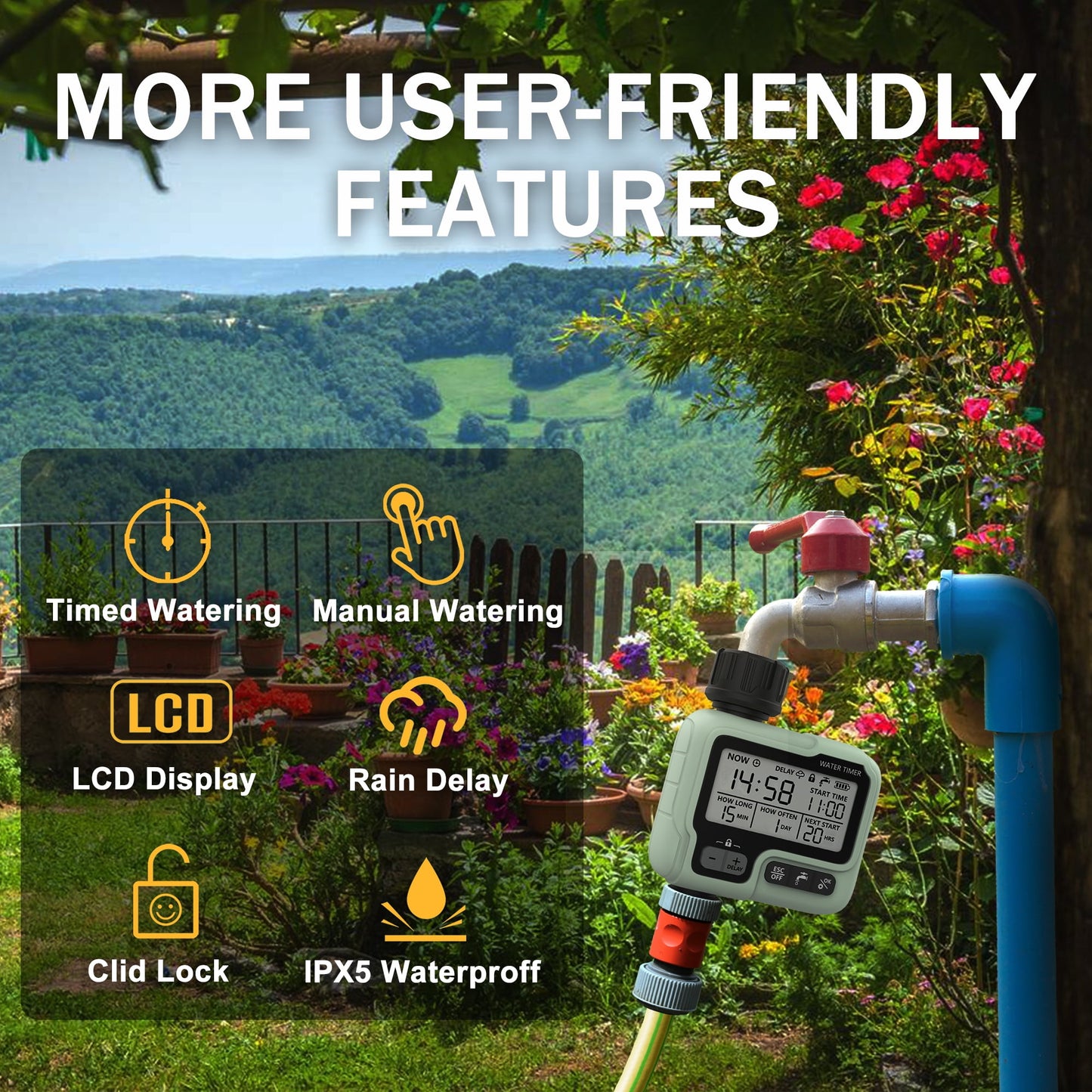 Water Timer, Hose Timer, Automatic Watering Timer for Gardens,Sprinkler Timer with Rain Delay / Child Lock /IP65 Waterproof, Large LCD Screen Irrigation Systems for Garden, Lawn