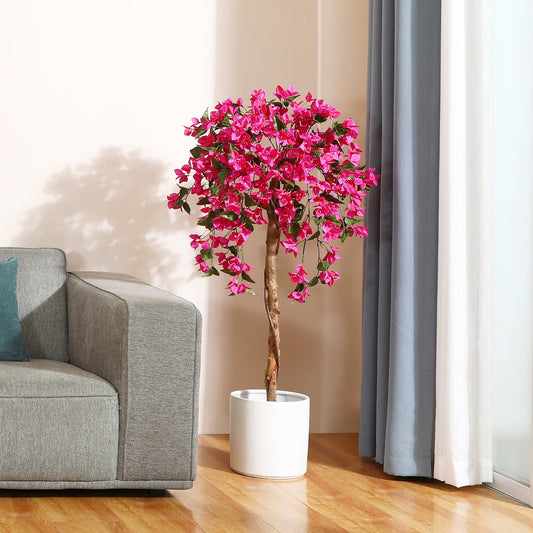 4FT Artificial Tree Tall Potted Fake Bougainvillea Trees for Outdoor Indoor Office Wedding Home Decor Lifelike Faux Plants with Wood Trunk and Pink Flowers