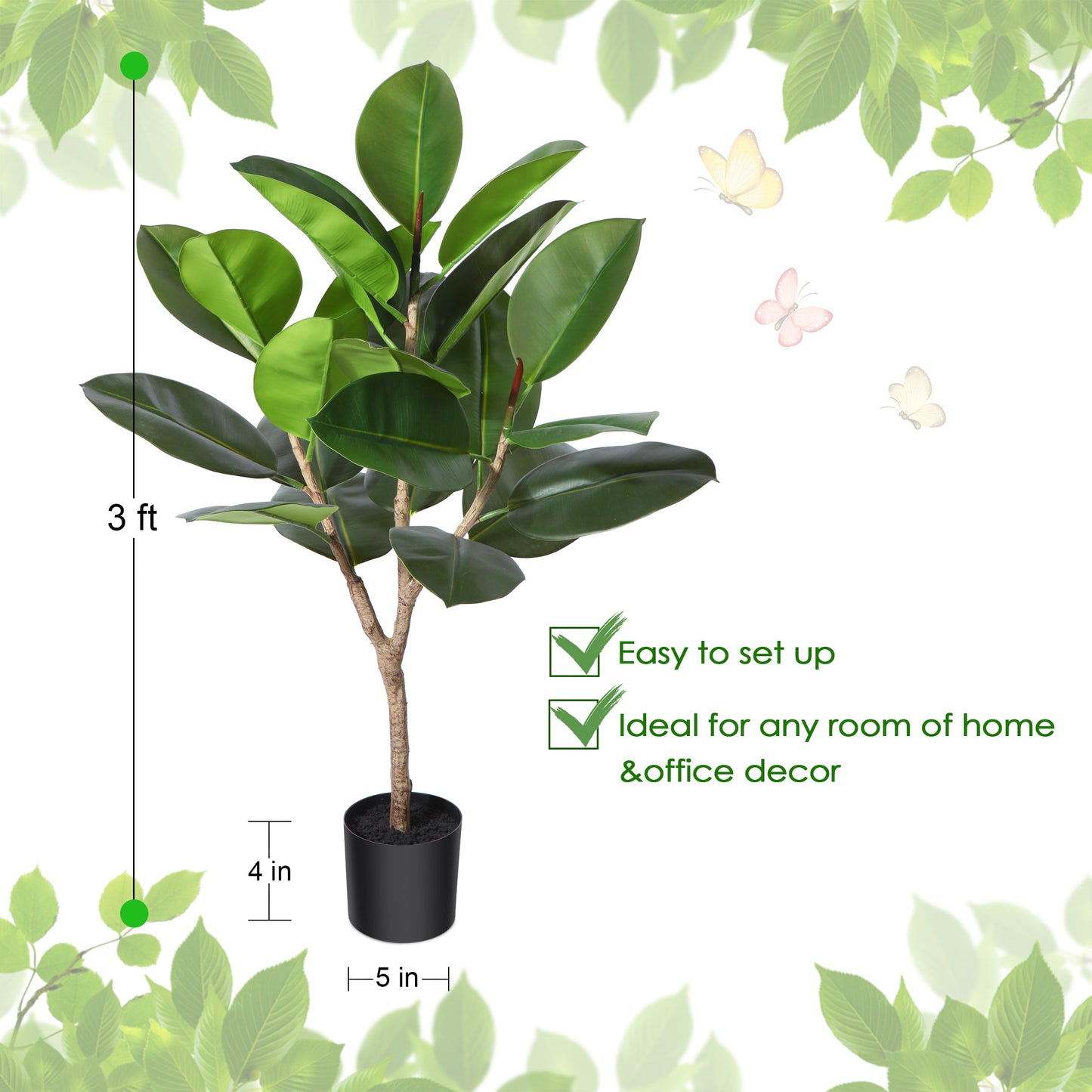 Artificial Rubber Tree, 3 FT Fake Plastic Ficus Plant, Pre Potted Faux Greenry Plants for Home Decor Office House Living Room Indoor Outdoor