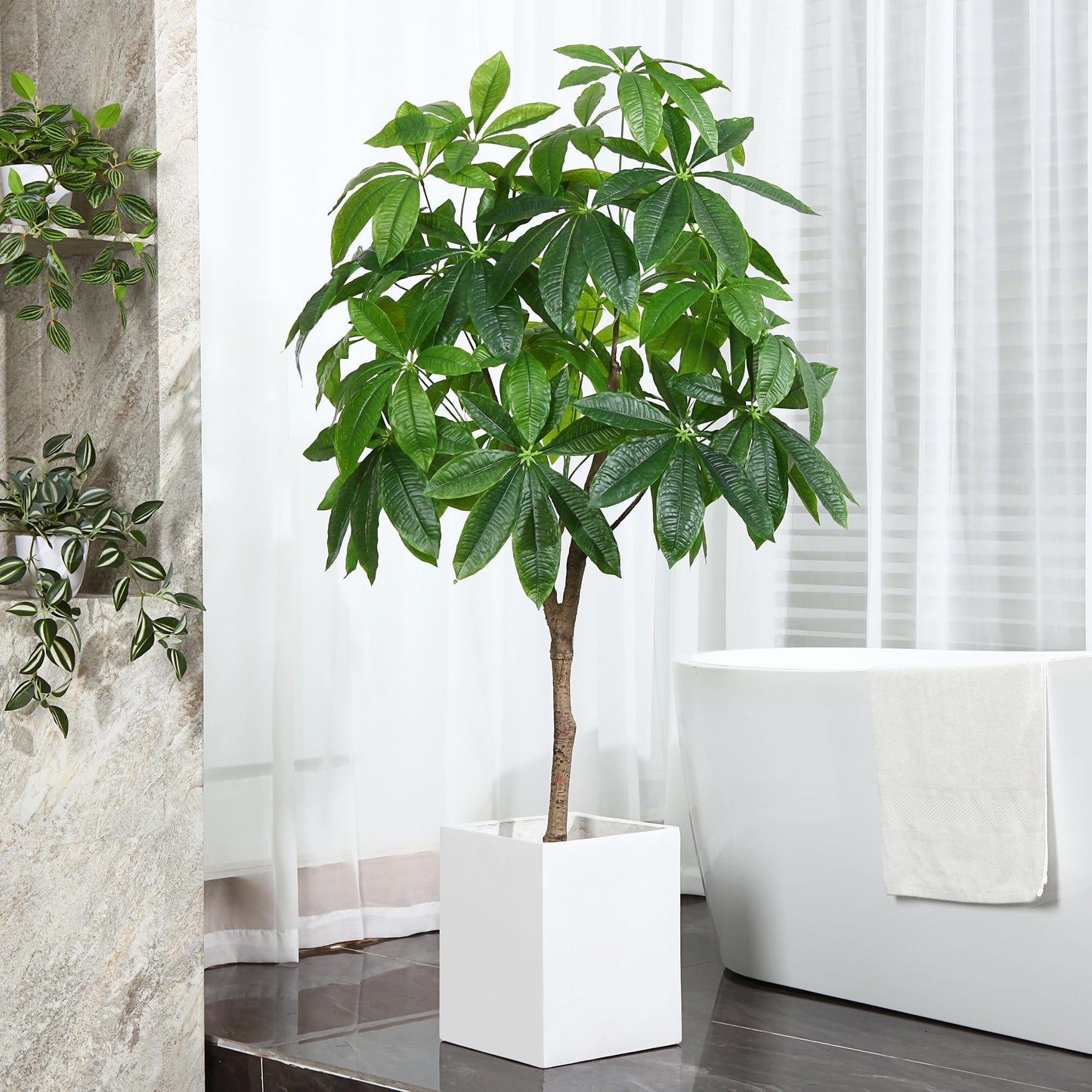 5FT Artificial Plants Pachira Aquatica Money Tree, Fake Plastic Money Plant, Pre Potted Faux Greenry Plant for Home Decor Office House Living Room Indoor Outdoor, Topiary Artificial Plants Outdoor