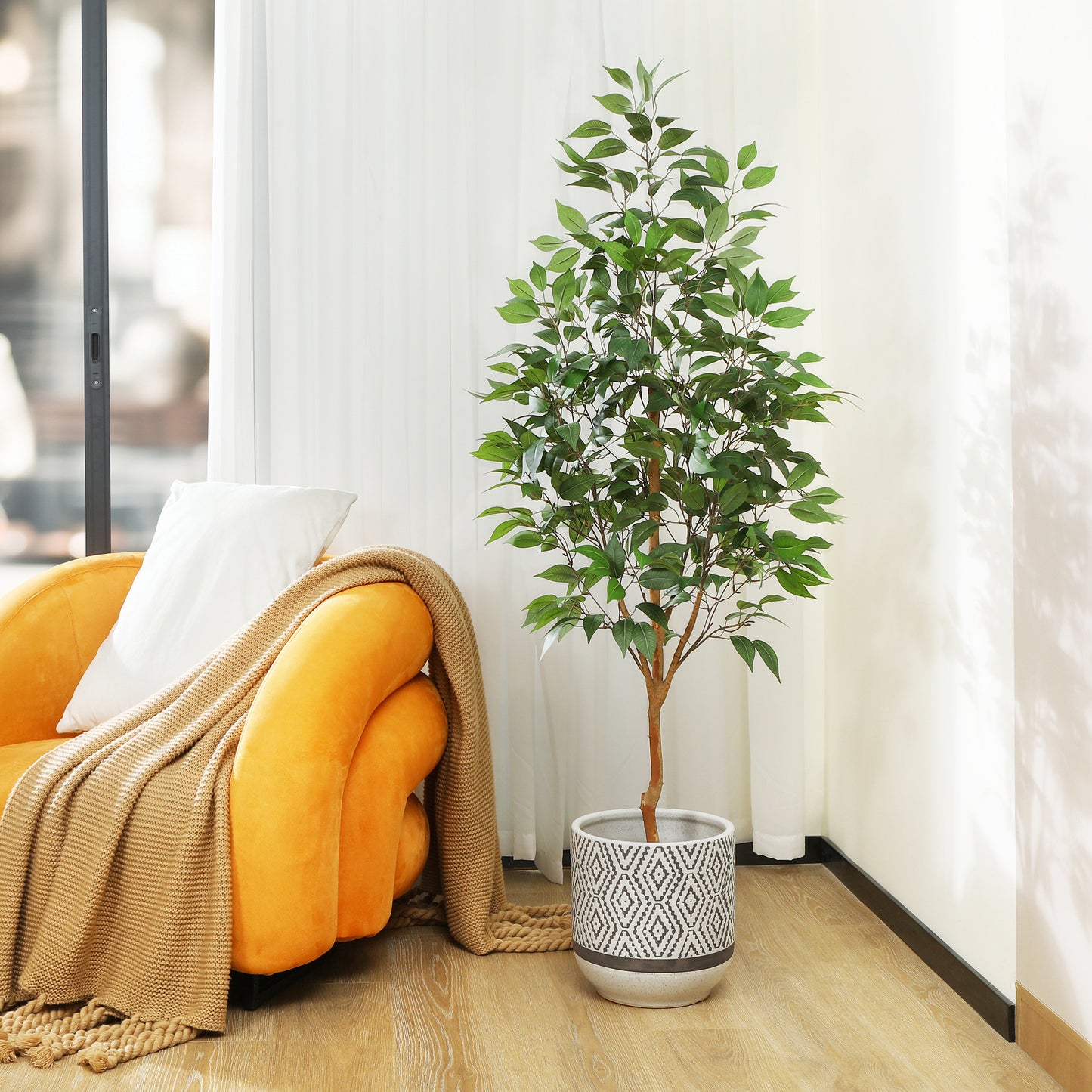 5 ft Realistic Artificial Ficus Tree in Pot, Natural Trunk, Lush Leaves, Lifelike Faux Tree