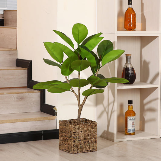 Artificial Rubber Tree, 3 FT Fake Plastic Ficus Plant, Pre Potted Faux Greenry Plants for Home Decor Office House Living Room Indoor Outdoor