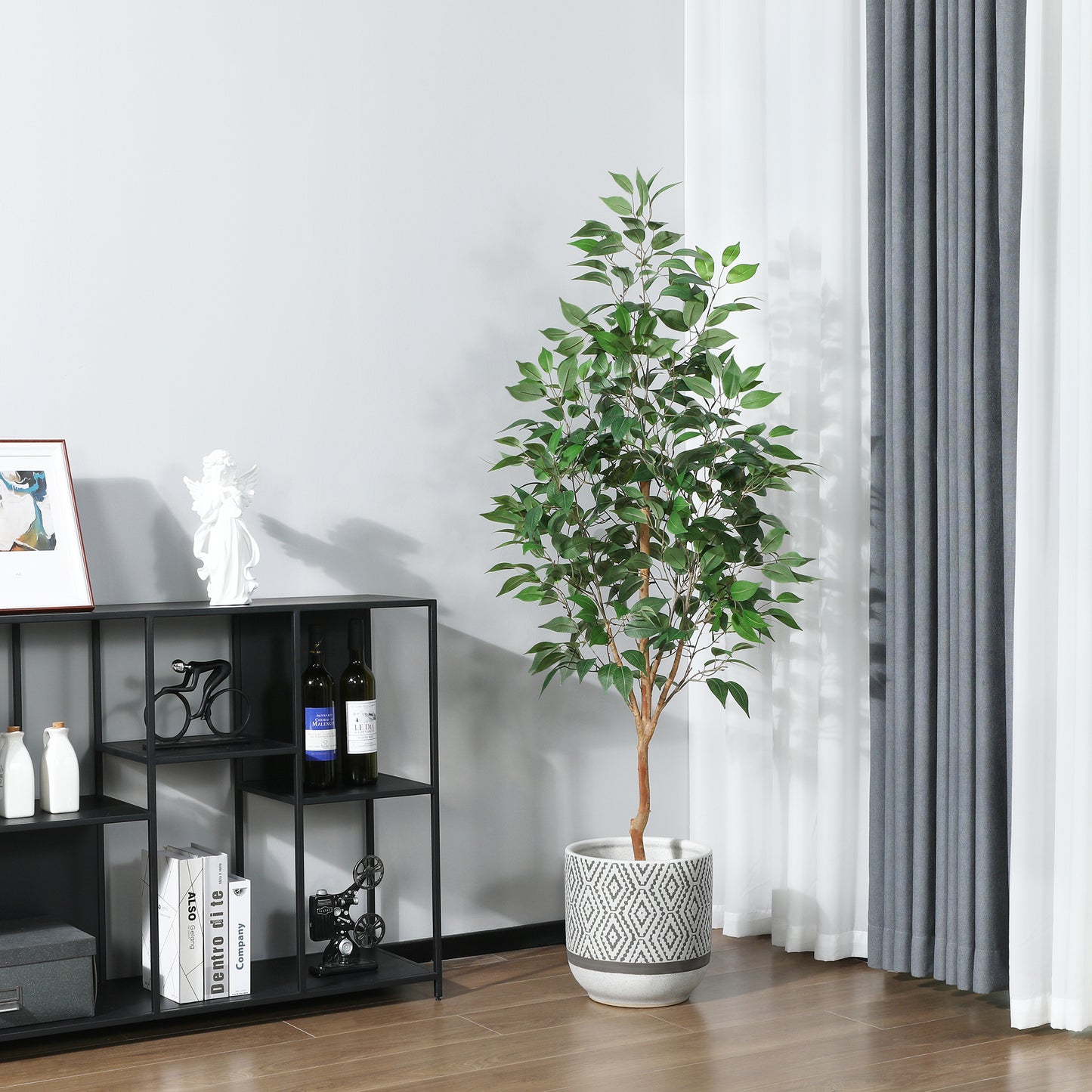 5 ft Realistic Artificial Ficus Tree in Pot, Natural Trunk, Lush Leaves, Lifelike Faux Tree