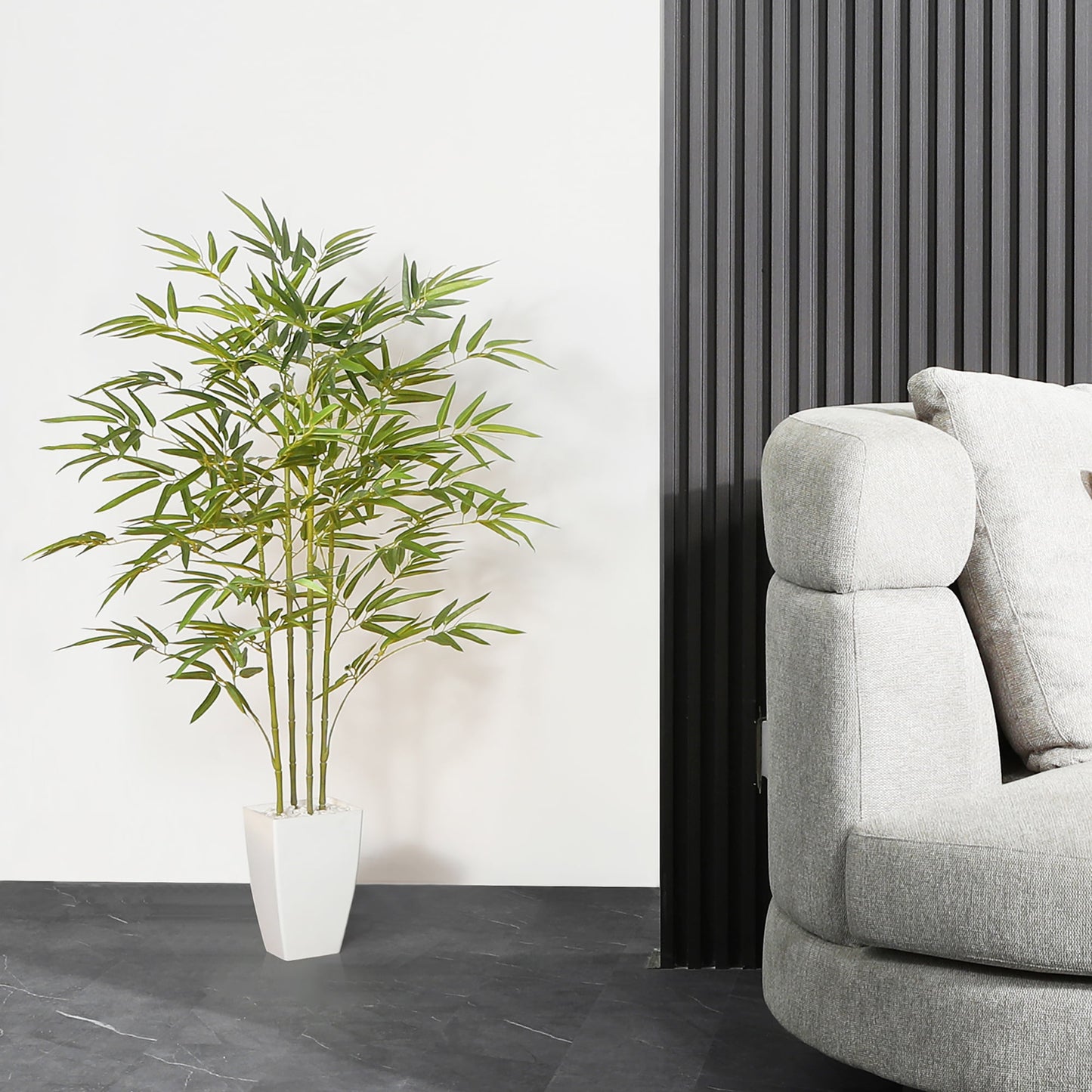 4FT Artificial Bamboo Tree Potted in 9.4 inches High White Taper Planter Fake Plants Lifelike Plastic Faux Trees for Room Office Home Decor Indoor Outdoor