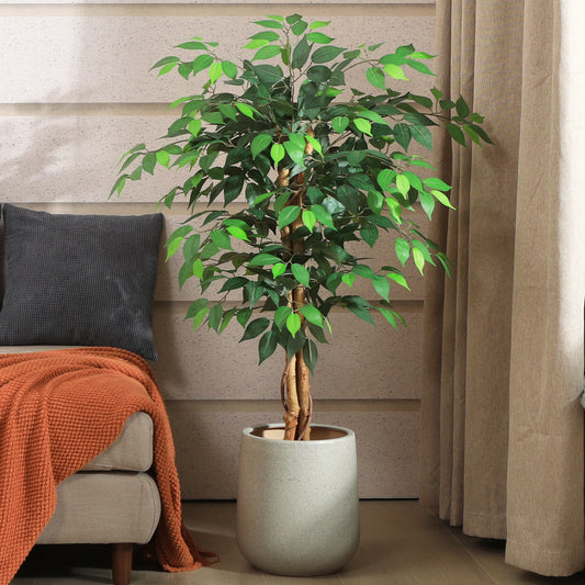 4ft Artificial Ficus Tree with Natural Wood Trunk, Silk Fake Ficus Tree in Plastic Nursery Pot, Faux Plant for Office Home, Indoor Outdoor Decor, 1 Pack