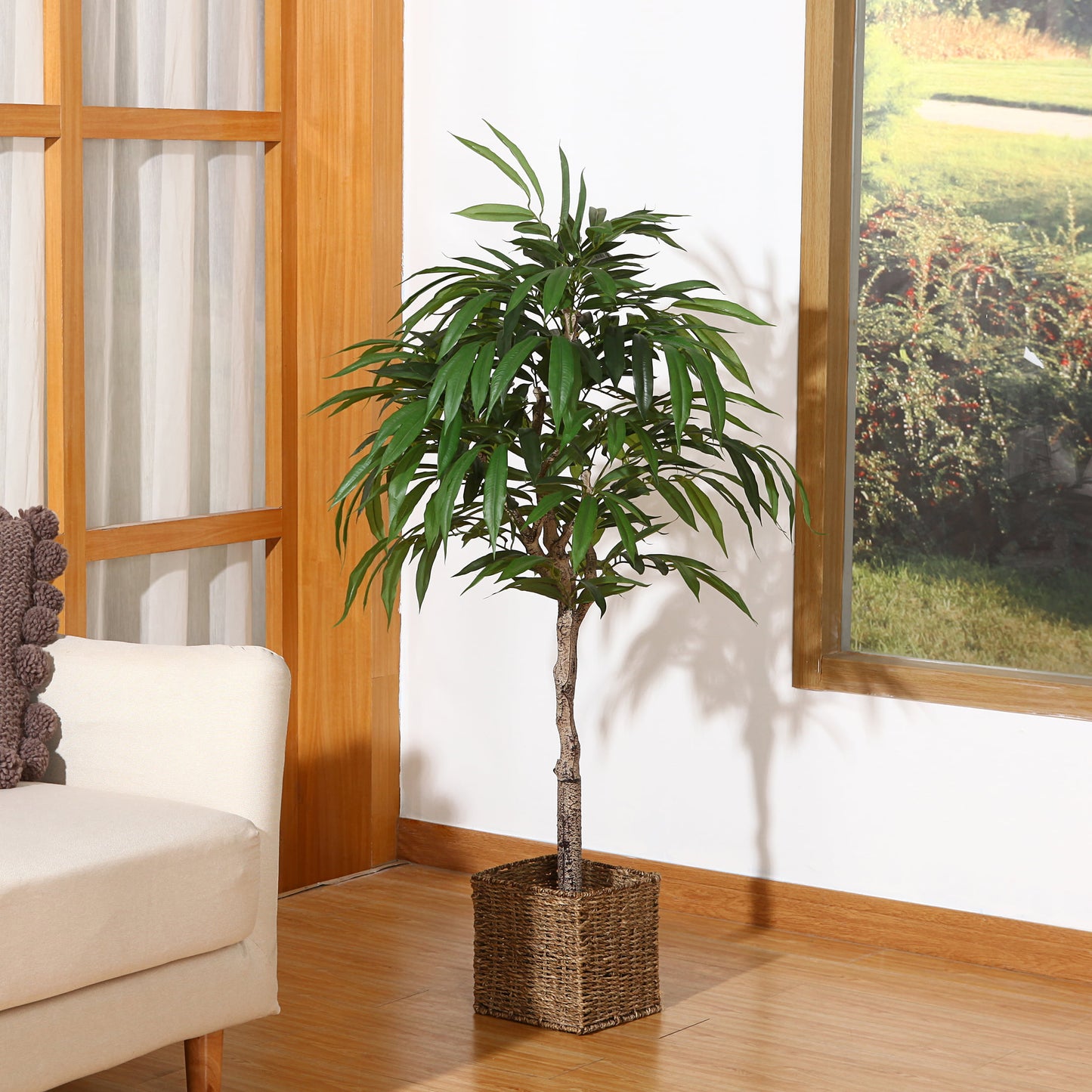 4 FT Artificial Ficus Tree in Basket, Fake Ficus Silk Plants, Pre Potted Faux Ficus Tree for Home Decor Living Room Office