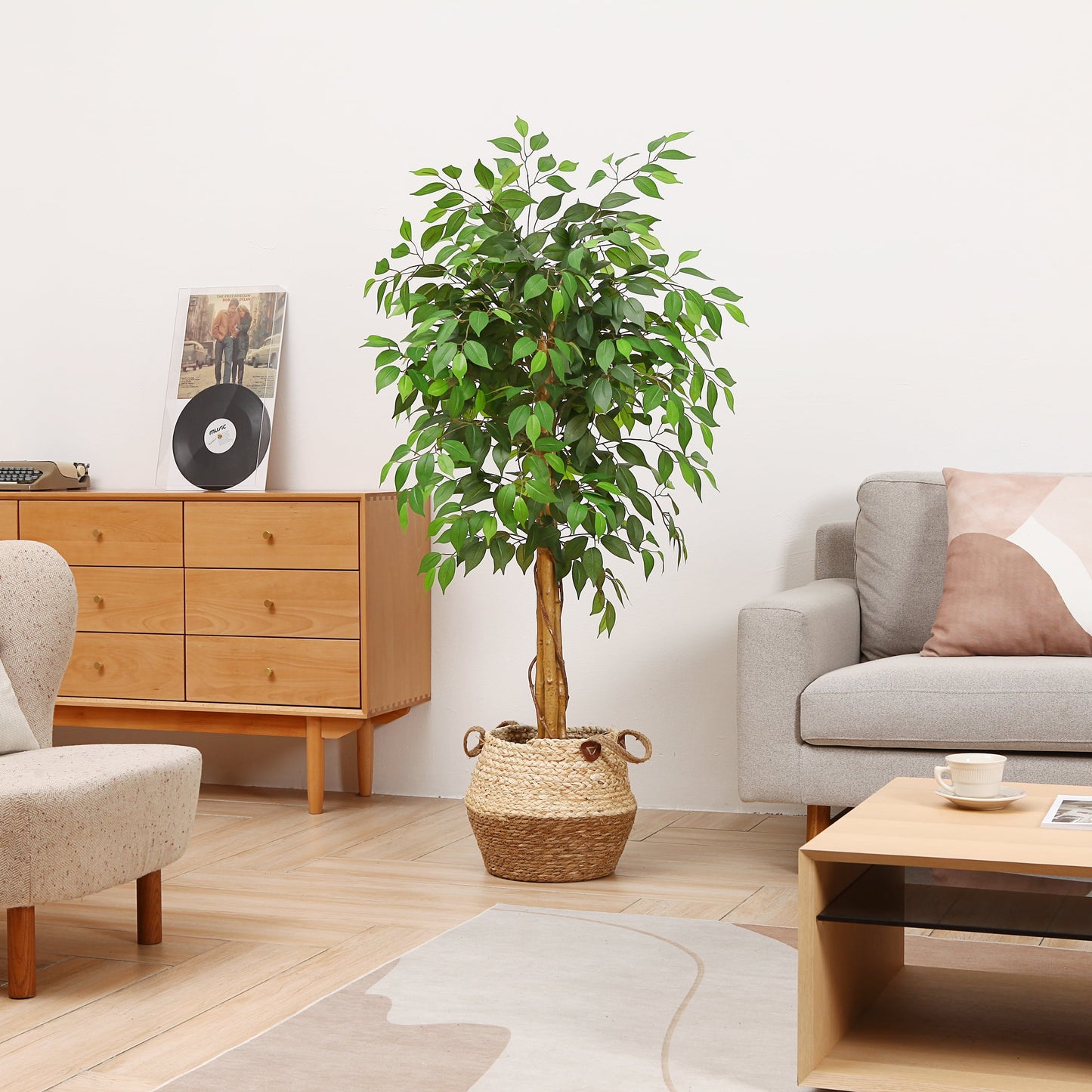 5 ft Ficus Artificial Trees with Realistic Leaves and Natural Trunk, Silk Fake Ficus Tree with Plastic Nursery Pot, Faux Ficus Tree for Office Home Farmhouse