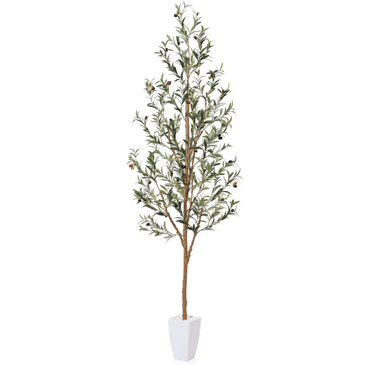 7FT Artificial Olive Tree with 9 inches White Taper Planter,Faux Tropical Silk and Lifelike Fruits Fake Greenery Potted Plant for Home Office Decor Indoor Outdoor