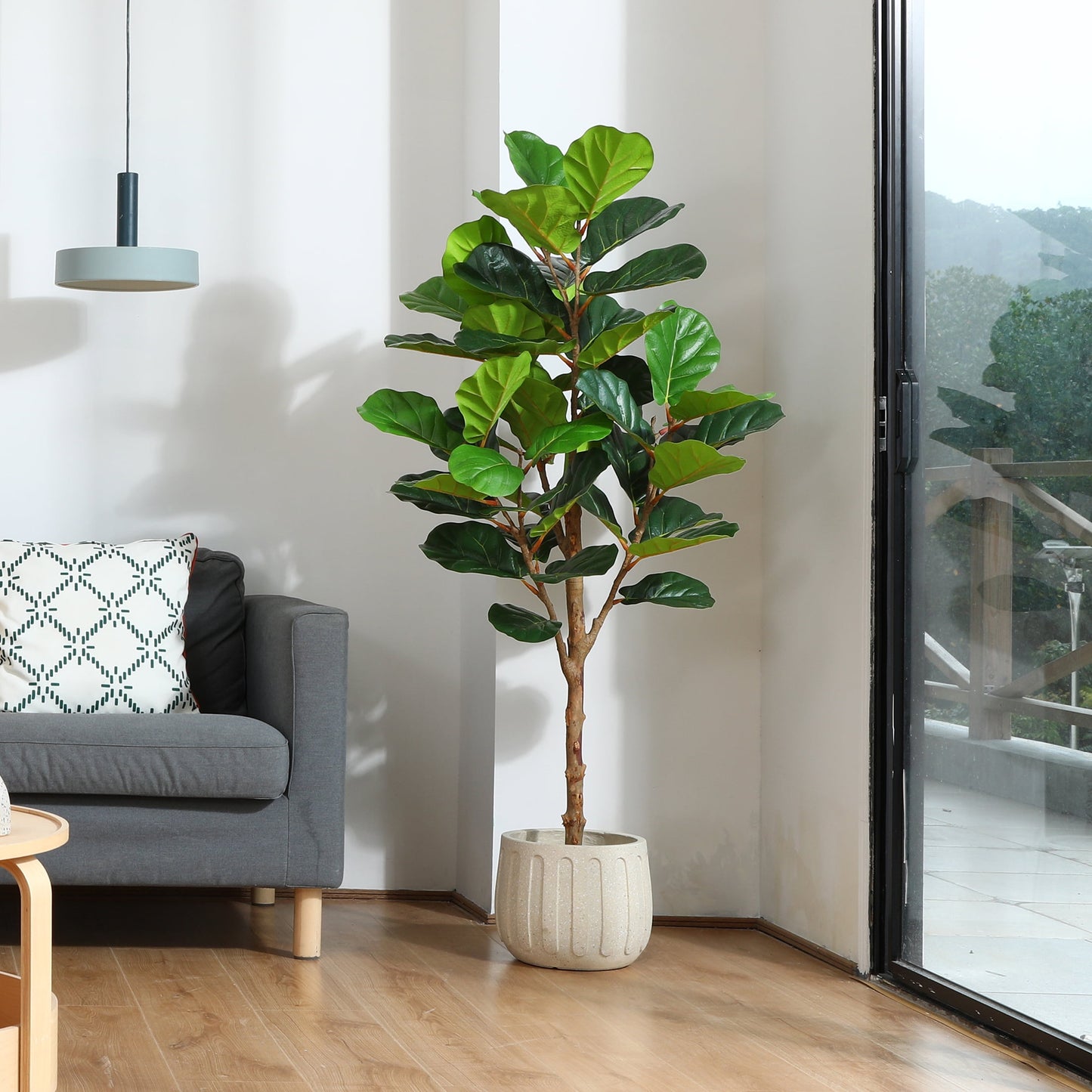 5FT Artificial Fiddle Leaf Fig Plants, Faux Plastic Tree with Natural Wood Trunk for Home Decor Office House Living Room Indoor Outdoor, Fake House Plant, Tall Plants for Indoor