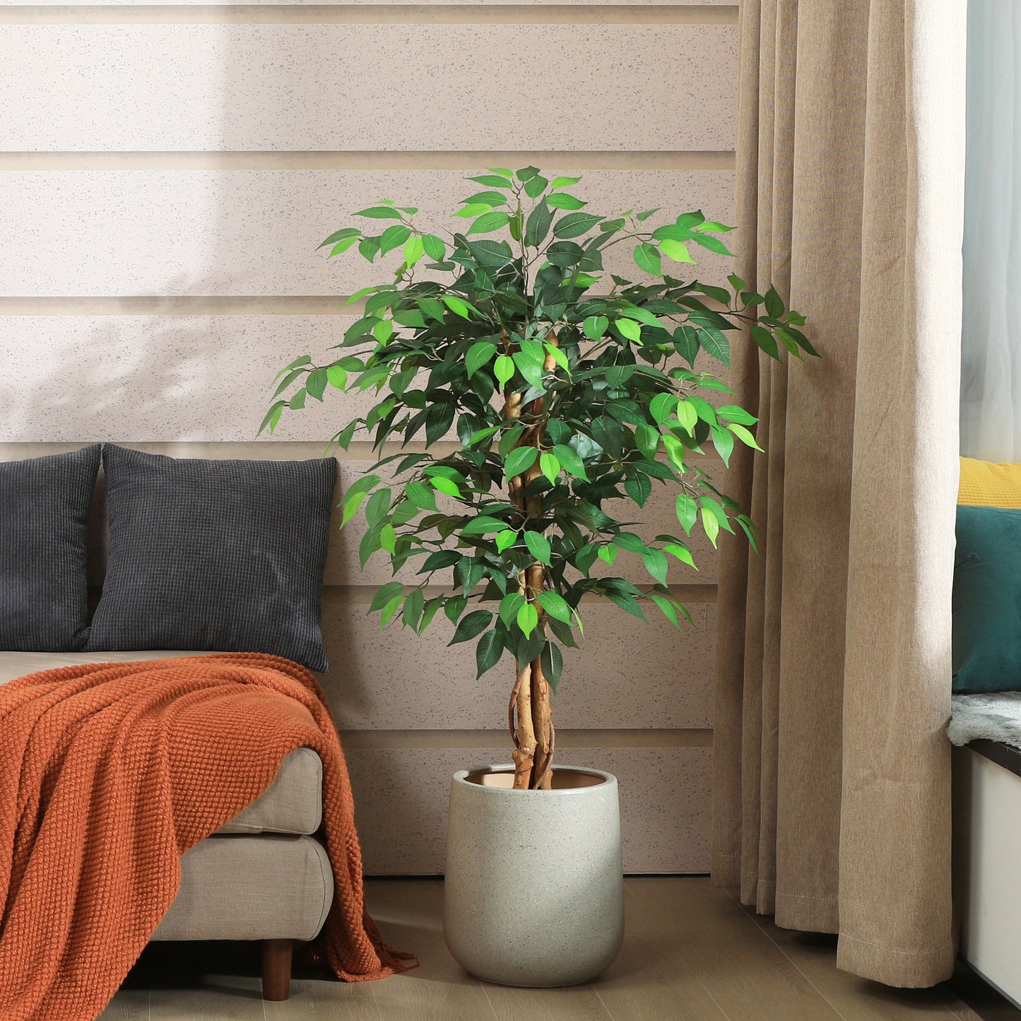 4ft Artificial Ficus Tree with Natural Wood Trunk, Silk Fake Ficus Tree in Plastic Nursery Pot, Faux Plant for Office Home, Indoor Outdoor Decor, 2 Pack