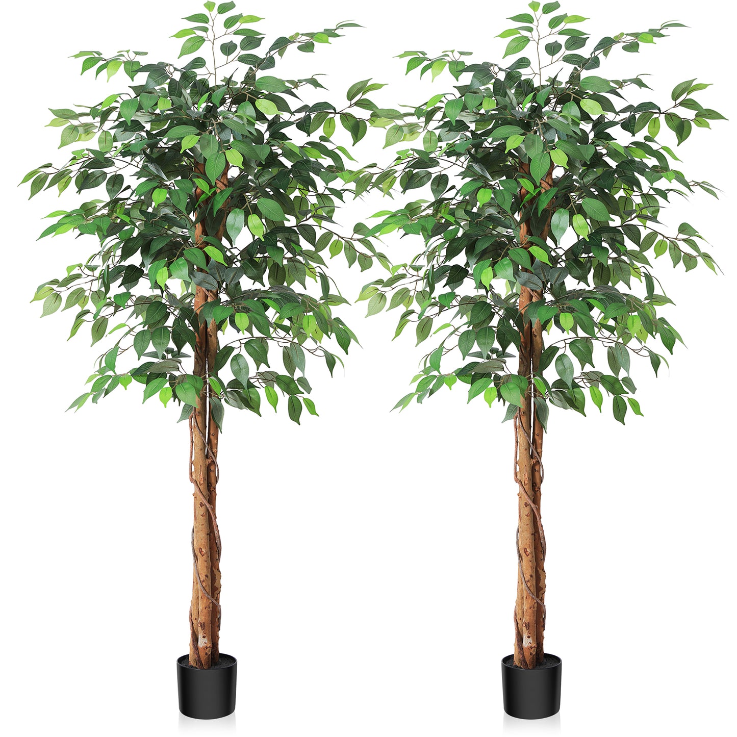 5ft Artificial Ficus Tree with Natural Wood Trunk, Silk Fake Ficus Tree in Plastic Nursery Pot, Faux Plant for Office Home, Indoor Outdoor Decor, 2 Pack