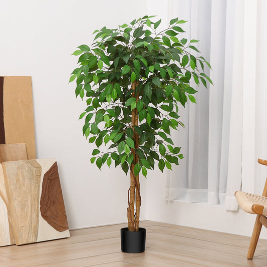 4 ft Ficus Artificial Trees with Realistic Leaves and Natural Trunk, Silk Fake Ficus Tree with Plastic Nursery Pot, Faux Ficus Tree for Office Home Farmhouse