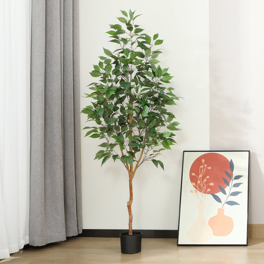 5 ft Realistic Artificial Ficus Tree in Pot, Natural Trunk, Lush Leaves, Lifelike Faux Tree