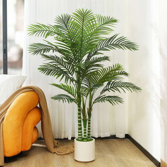 5 ft Artificial Golden Cane Palm Tree with Large White Planter, Faux Palm Plants in Pot