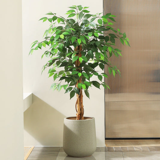 4ft Artificial Ficus Tree with Natural Wood Trunk, Silk Fake Ficus Tree in Plastic Nursery Pot, Faux Plant for Office Home, Indoor Outdoor Decor, 2 Pack