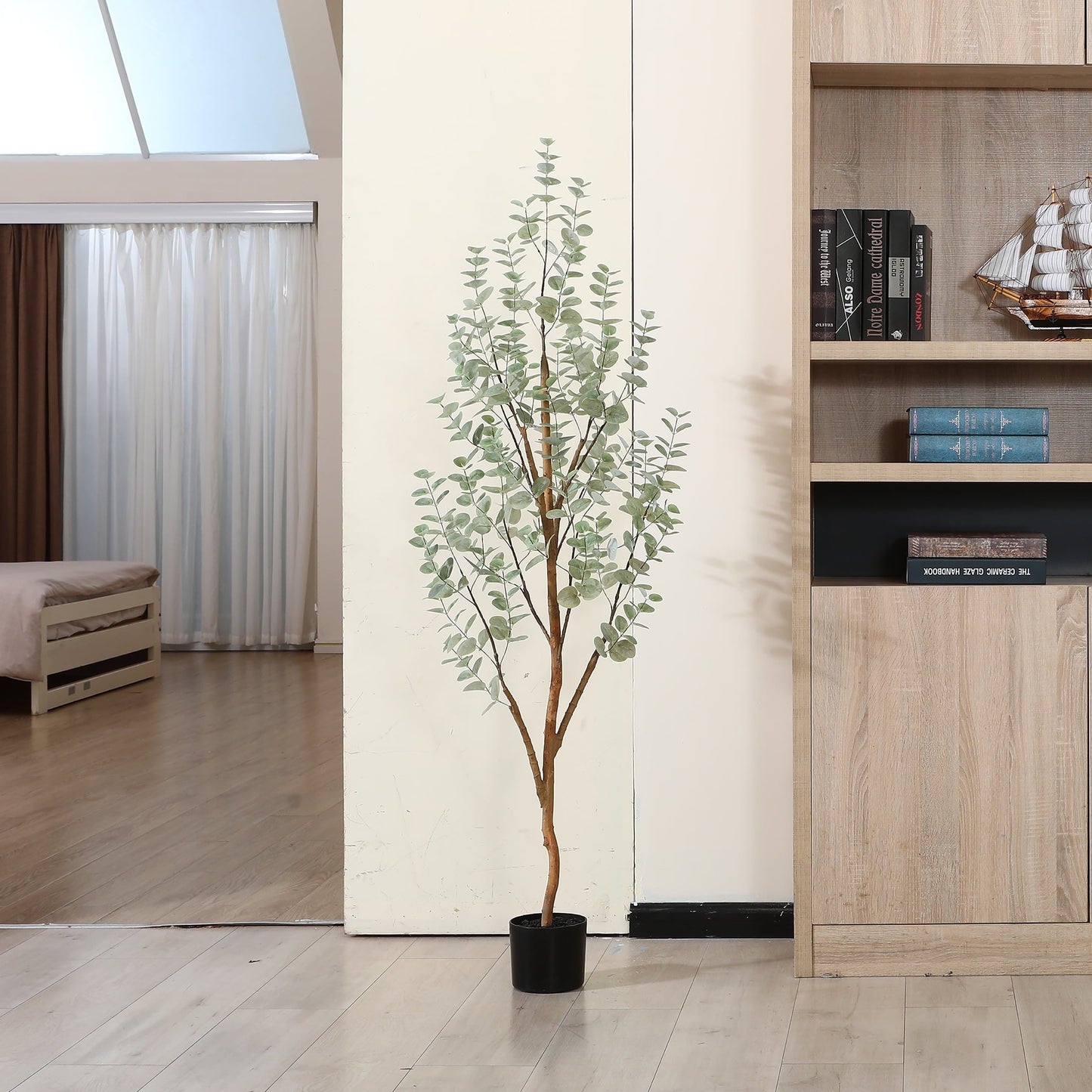 5FT Artificial Eucalyptus Plants with Realistic Leaves and Natural Trunk, Silk Fake Potted Tree with Wood Branches, Faux Tree for Office Home Decor