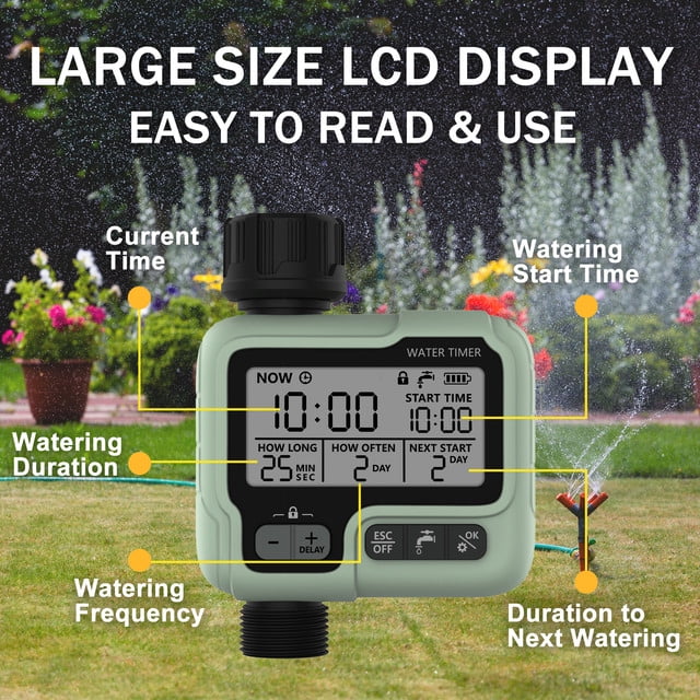 Water Timer, Hose Timer, Automatic Watering Timer for Gardens,Sprinkler Timer with Rain Delay / Child Lock /IP65 Waterproof, Large LCD Screen Irrigation Systems for Garden, Lawn