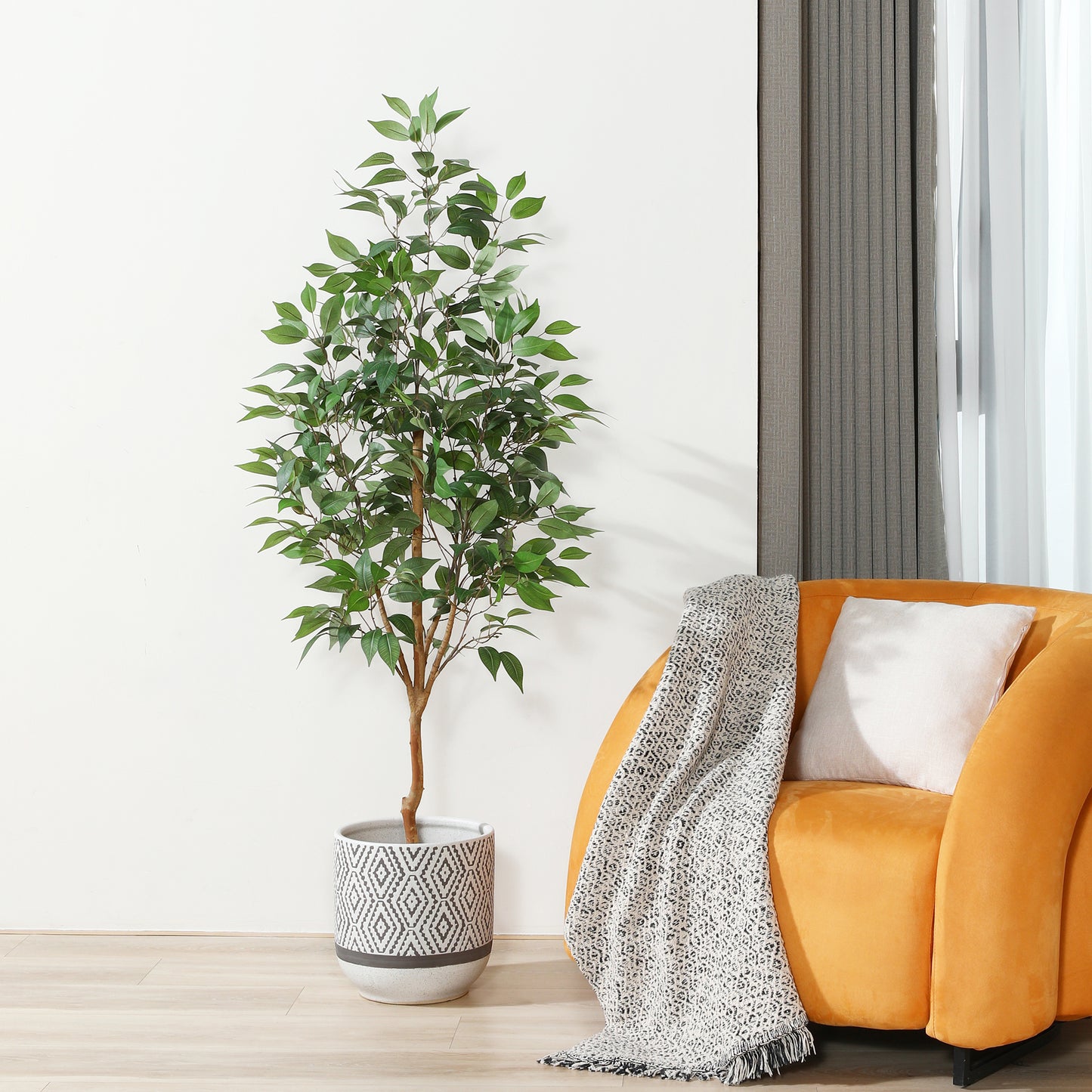 5 ft Realistic Artificial Ficus Tree in Pot, Natural Trunk, Lush Leaves, Lifelike Faux Tree