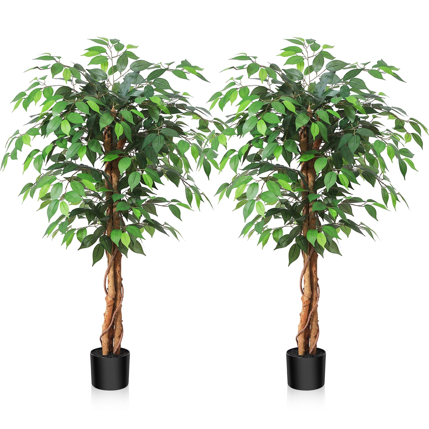 4ft Artificial Ficus Tree with Natural Wood Trunk, Silk Fake Ficus Tree in Plastic Nursery Pot, Faux Plant for Office Home, Indoor Outdoor Decor, 2 Pack