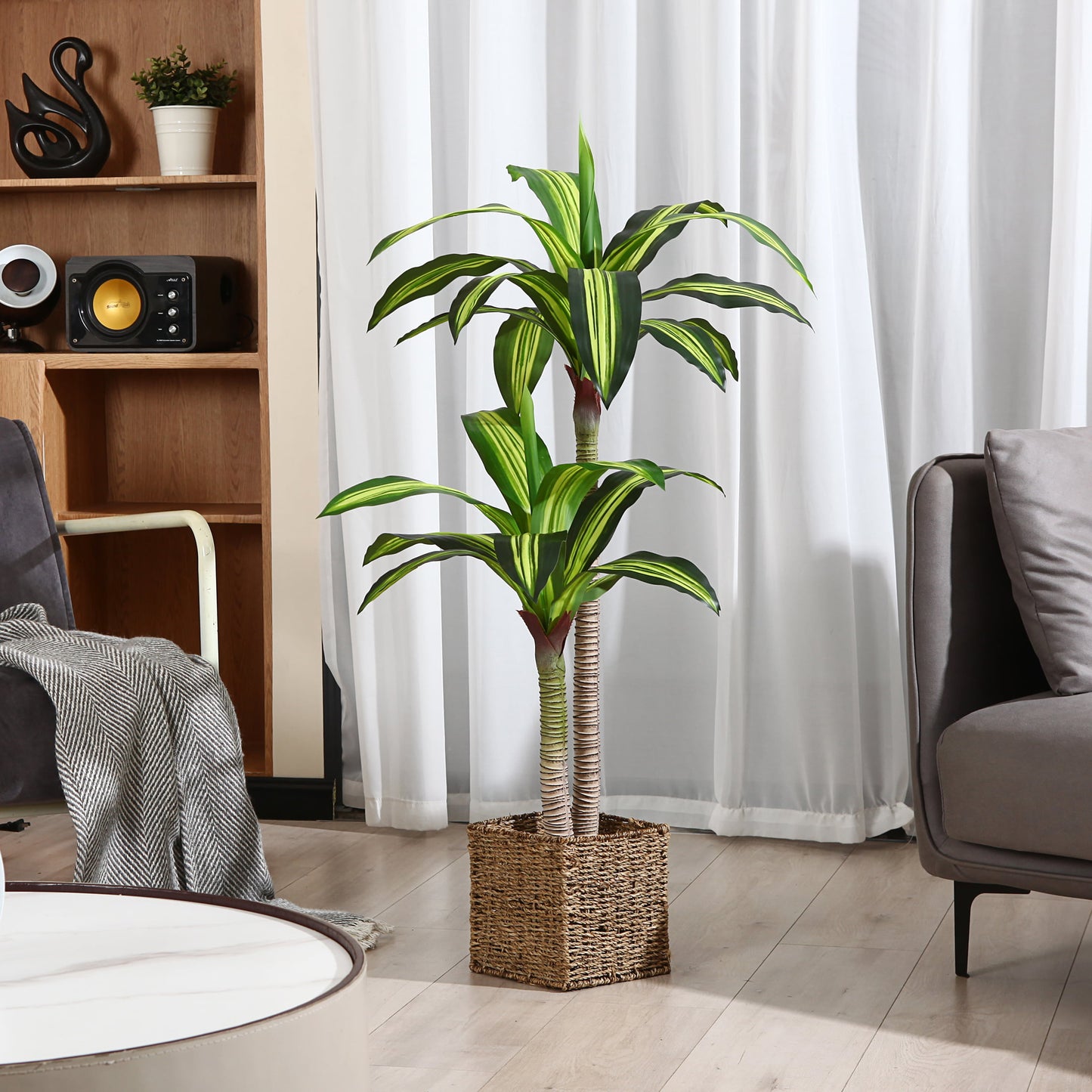 Artificial Plants, 4 Ft Dracaena Tree Faux Plants Indoor Outdoor Decor Fake Tree in Pot Slik Plants for Home Decor Office Living Room Porch Patio Perfect Housewarming Gift