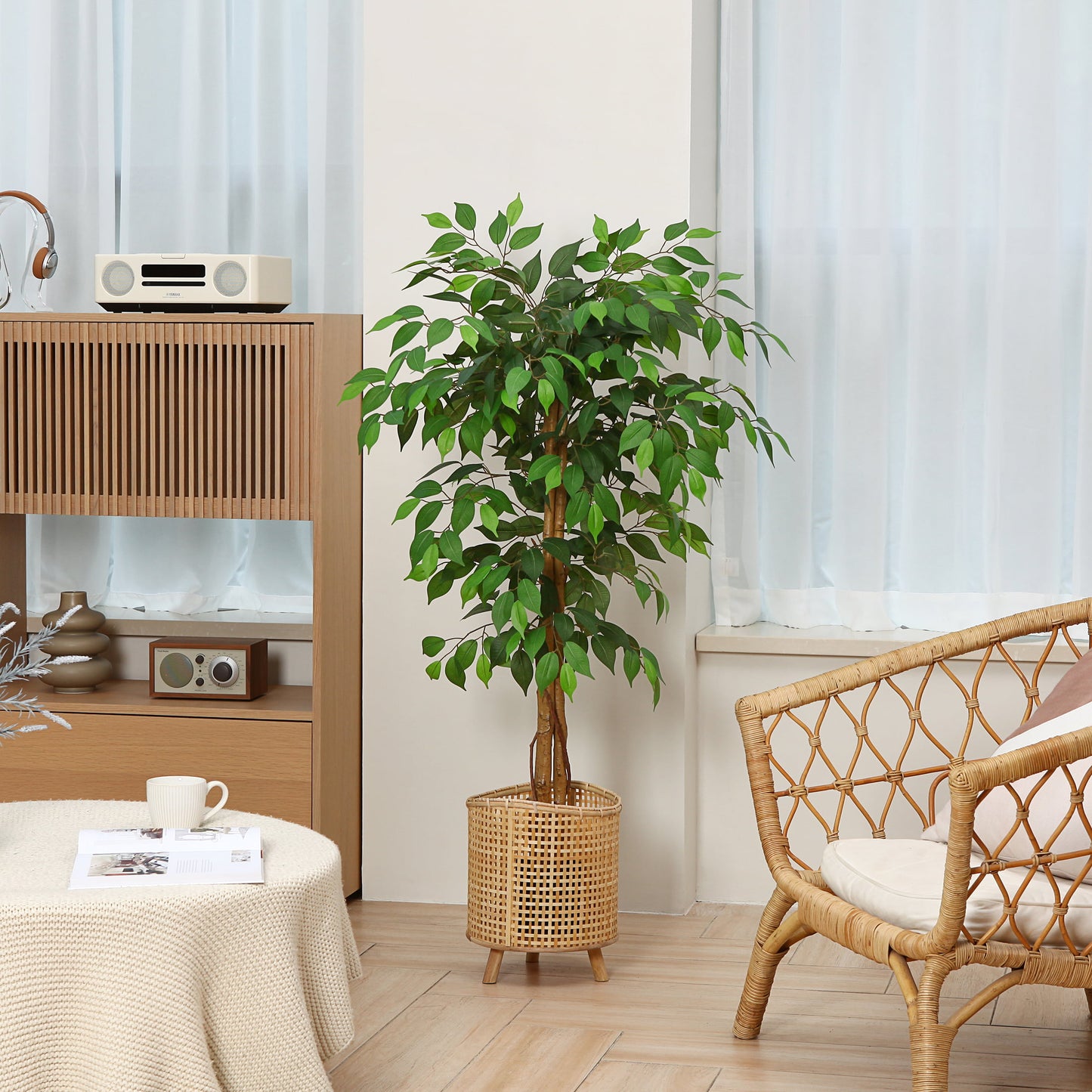 4 ft Ficus Artificial Trees with Realistic Leaves and Natural Trunk, Silk Fake Ficus Tree with Plastic Nursery Pot, Faux Ficus Tree for Office Home Farmhouse