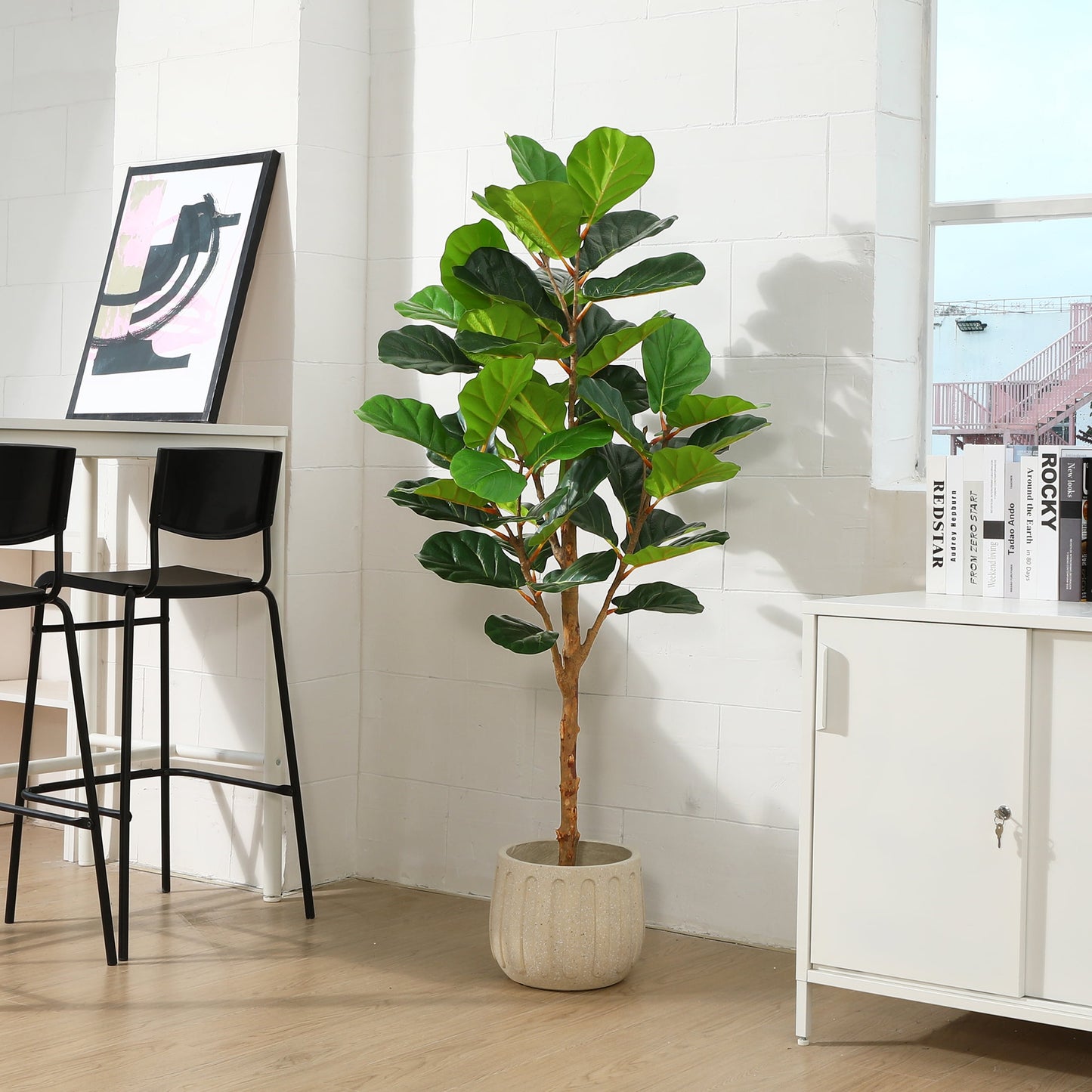 5FT Artificial Fiddle Leaf Fig Plants, Faux Plastic Tree with Natural Wood Trunk for Home Decor Office House Living Room Indoor Outdoor, Fake House Plant, Tall Plants for Indoor