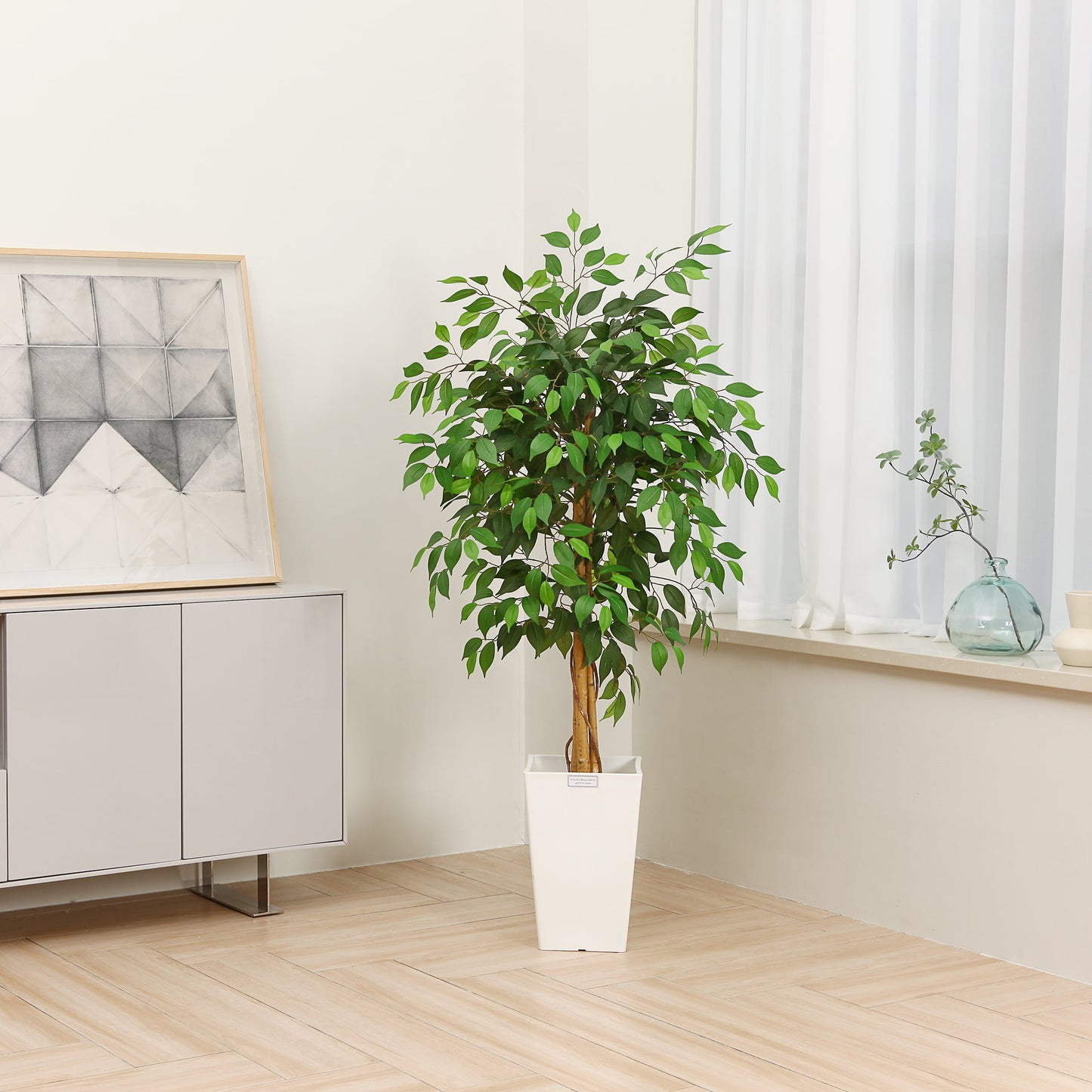 5 ft Ficus Artificial Trees with Realistic Leaves and Natural Trunk, Silk Fake Ficus Tree with Plastic Nursery Pot, Faux Ficus Tree for Office Home Farmhouse